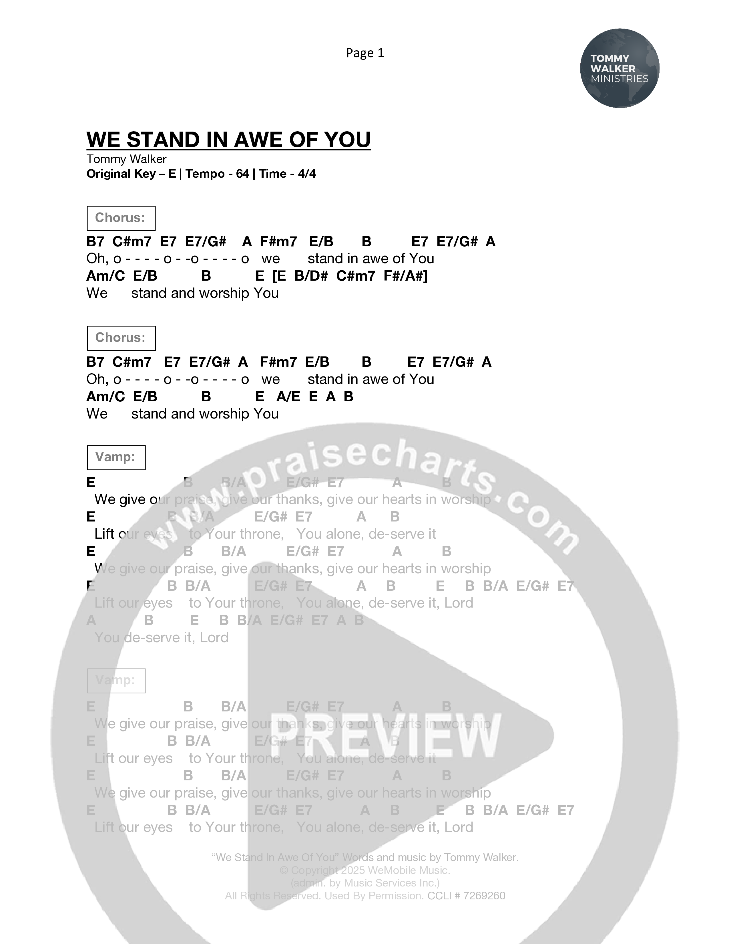 We Stand In Awe Of You Chord Chart (Tommy Walker)