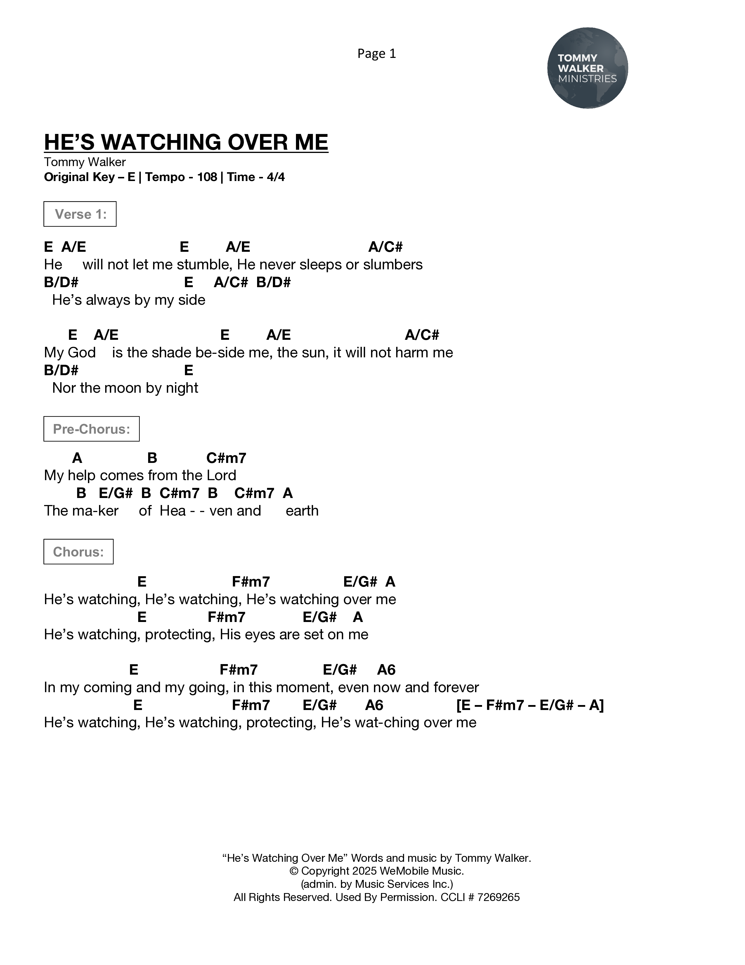 He's Watching Over Me Chord Chart (Tommy Walker)