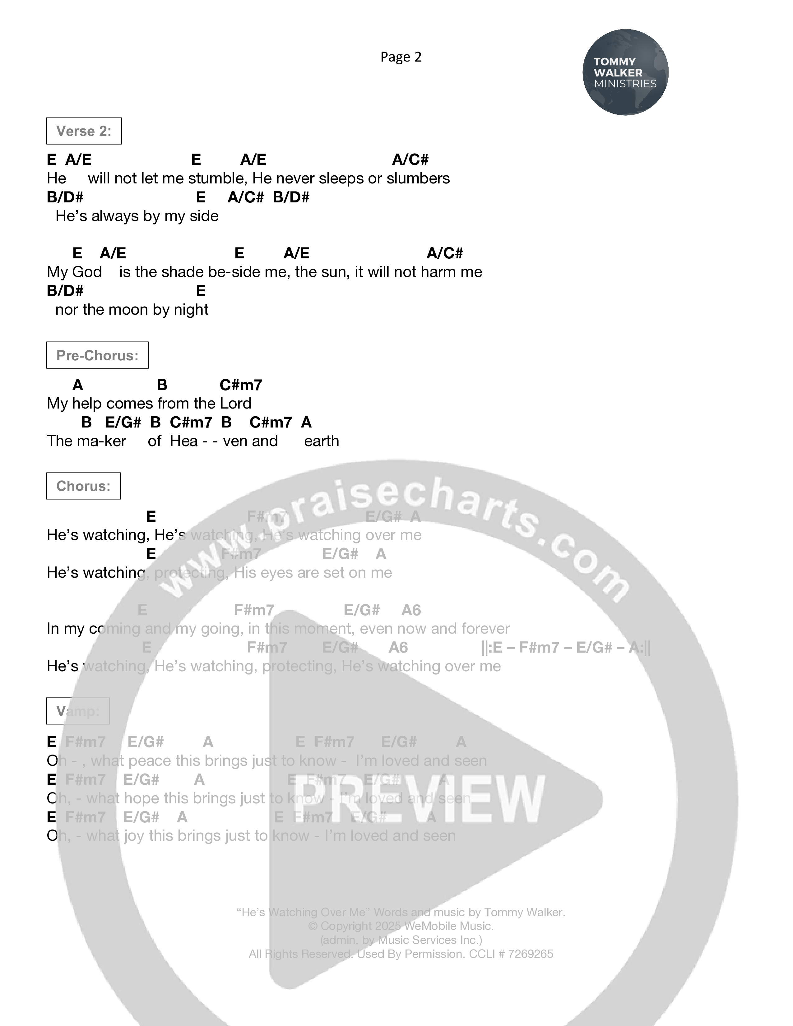 He's Watching Over Me Chord Chart (Tommy Walker)