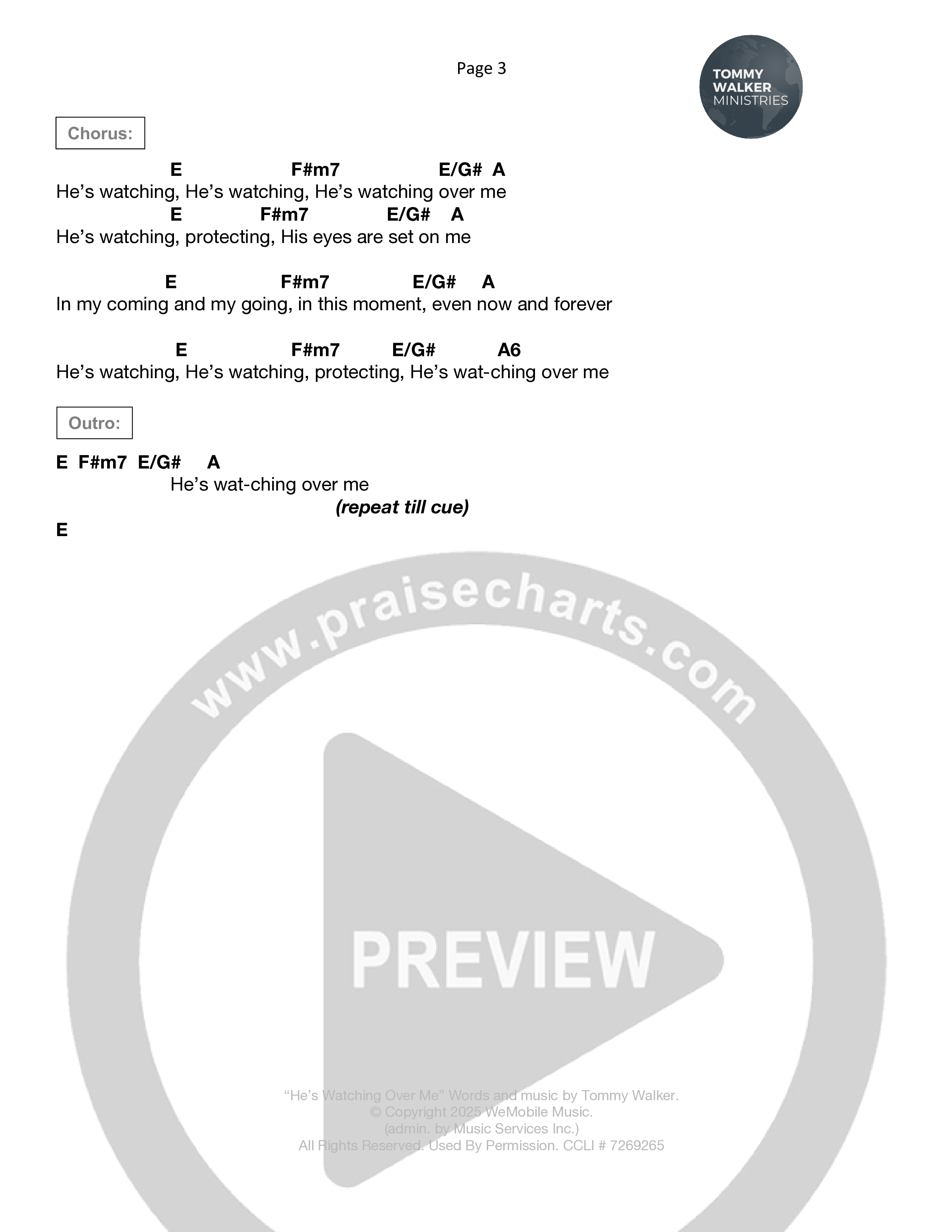 He's Watching Over Me Chord Chart (Tommy Walker)