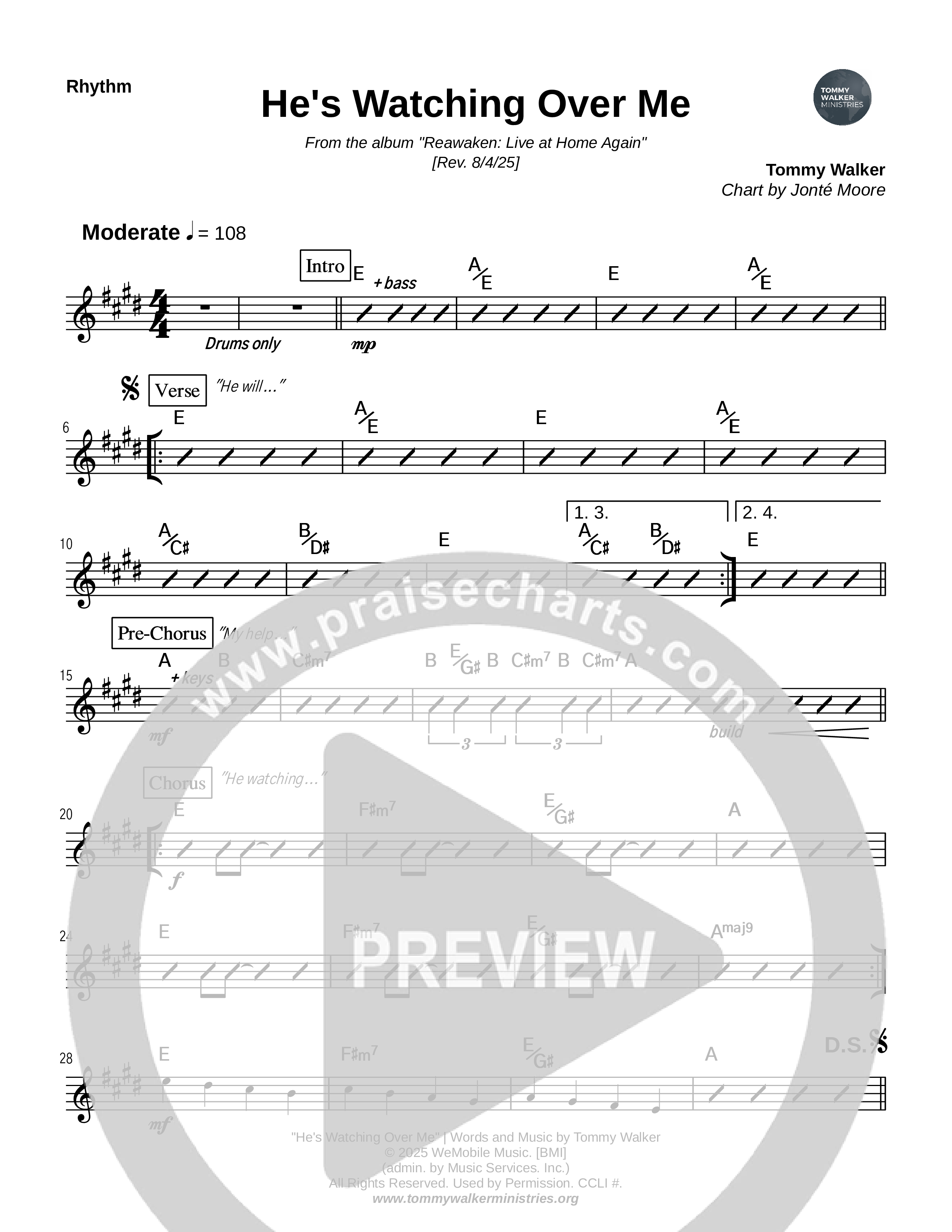 He's Watching Over Me Rhythm Chart (Tommy Walker)