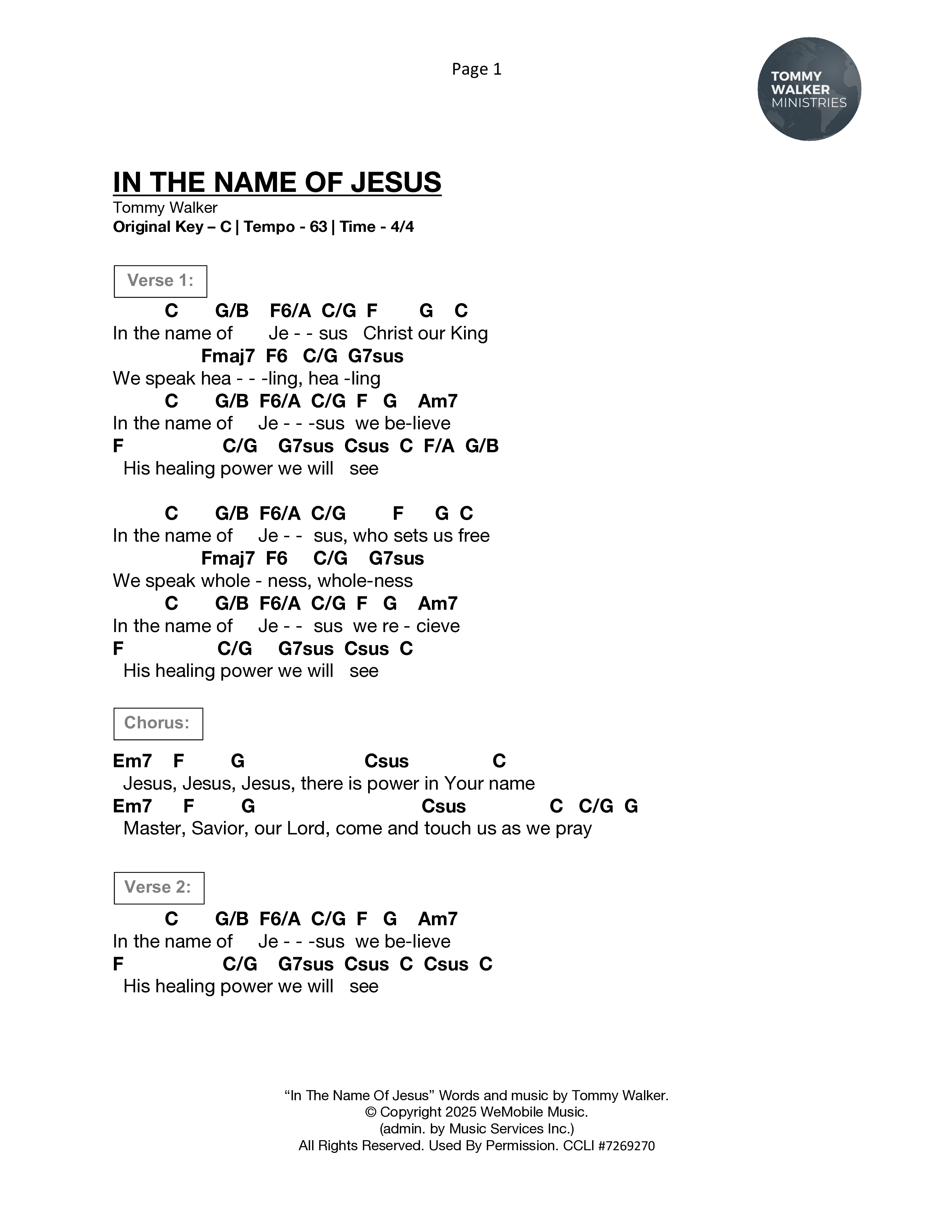 In The Name Of Jesus Chord Chart (Tommy Walker)