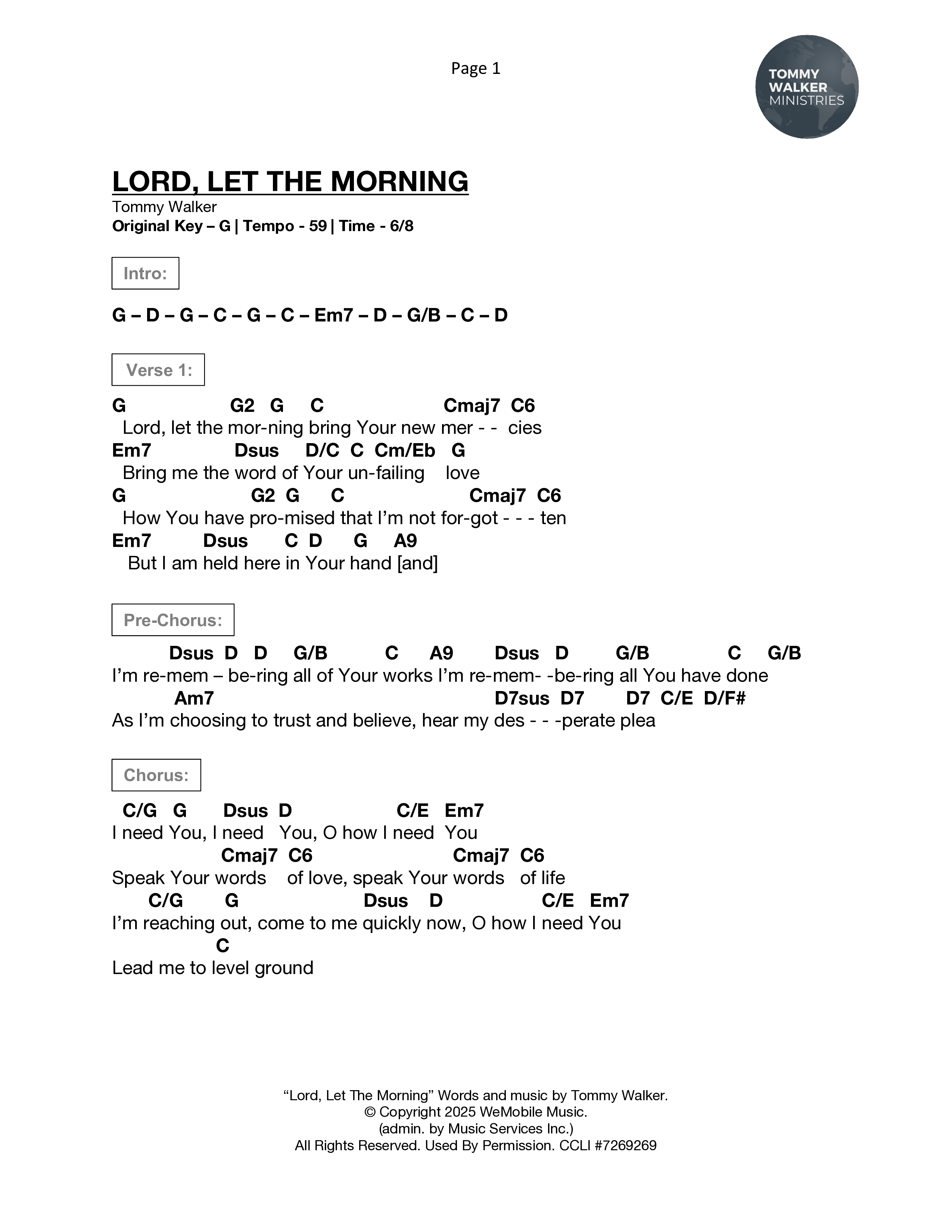 Lord Let The Morning Chord Chart (Tommy Walker)