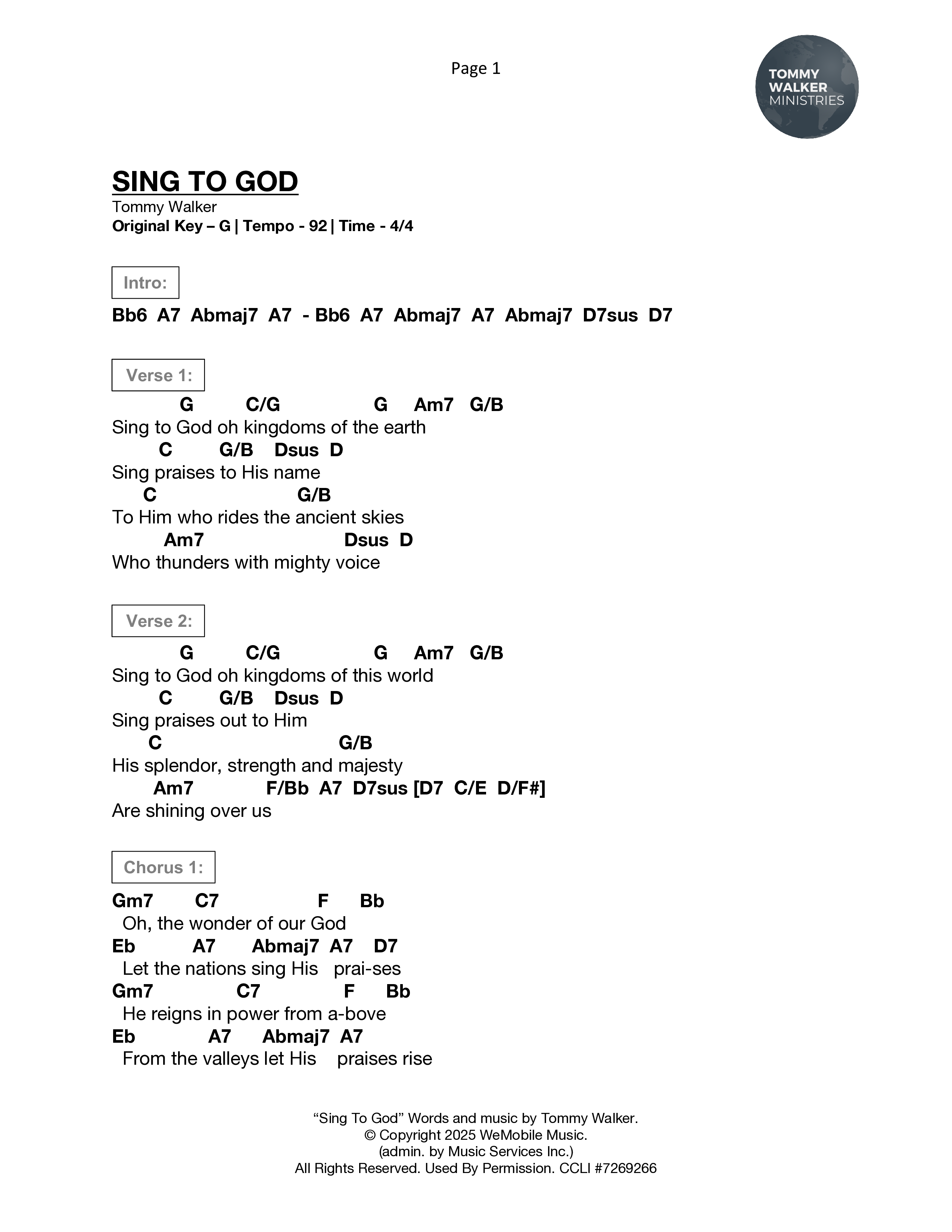 Sing To God Chord Chart (Tommy Walker)