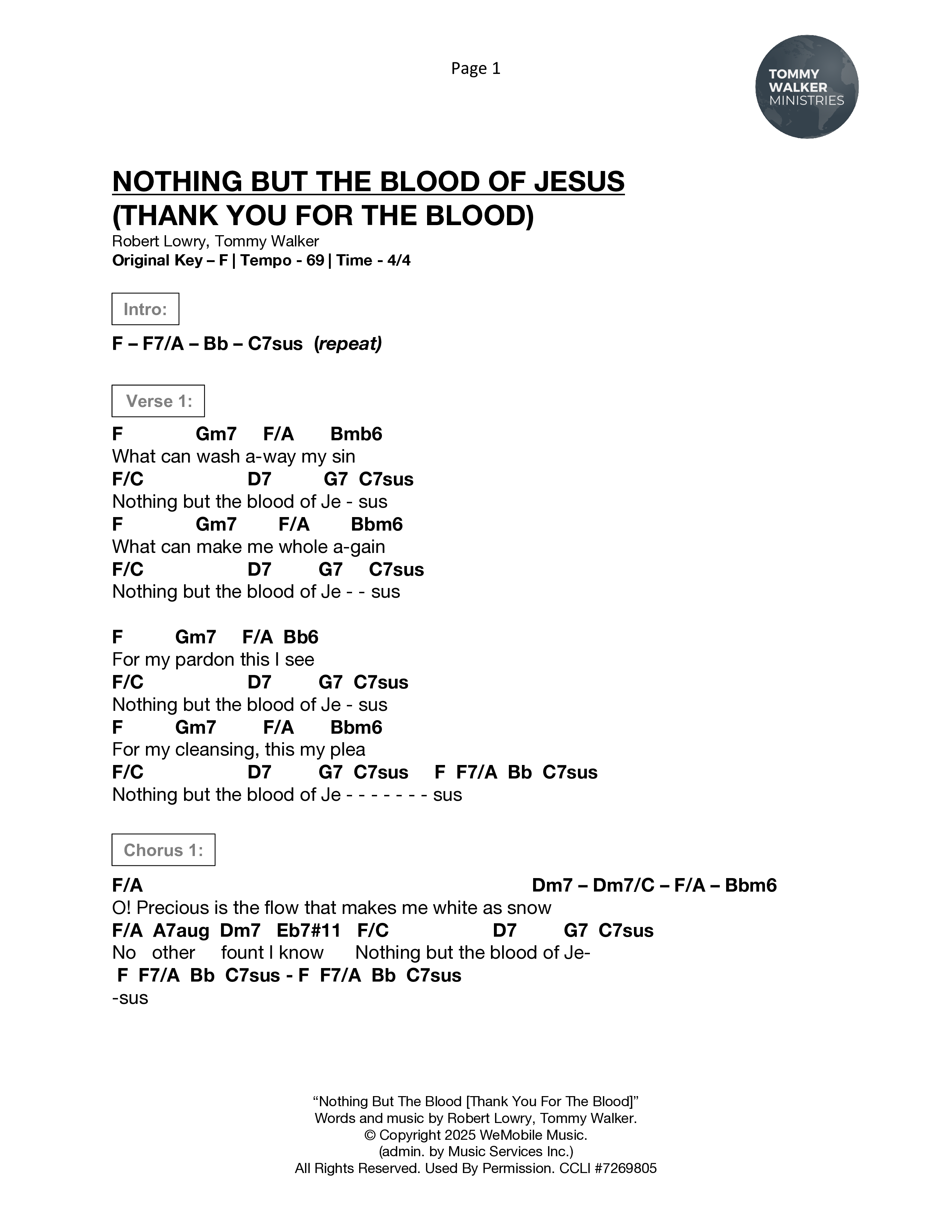 Nothing But The Blood (Thank You For The Blood) Chord Chart (Tommy Walker)