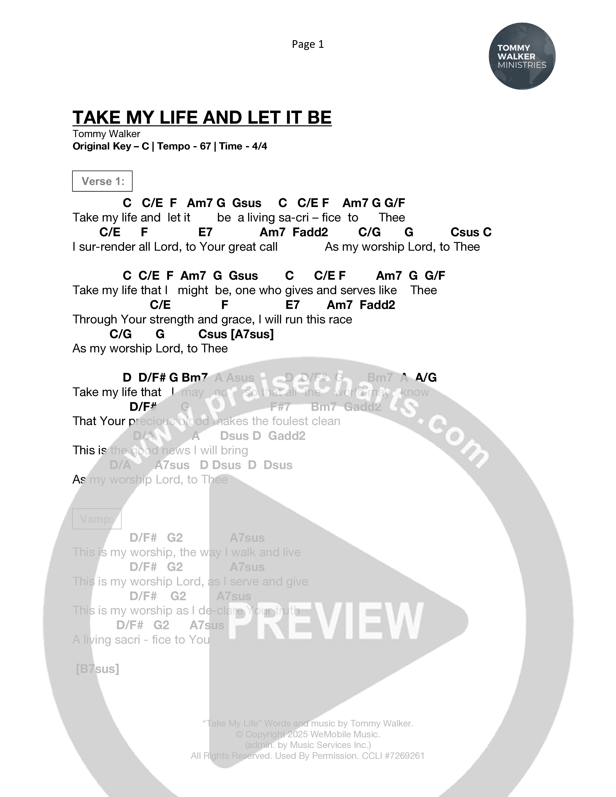 Take My Life And Let It Be Chord Chart (Tommy Walker)