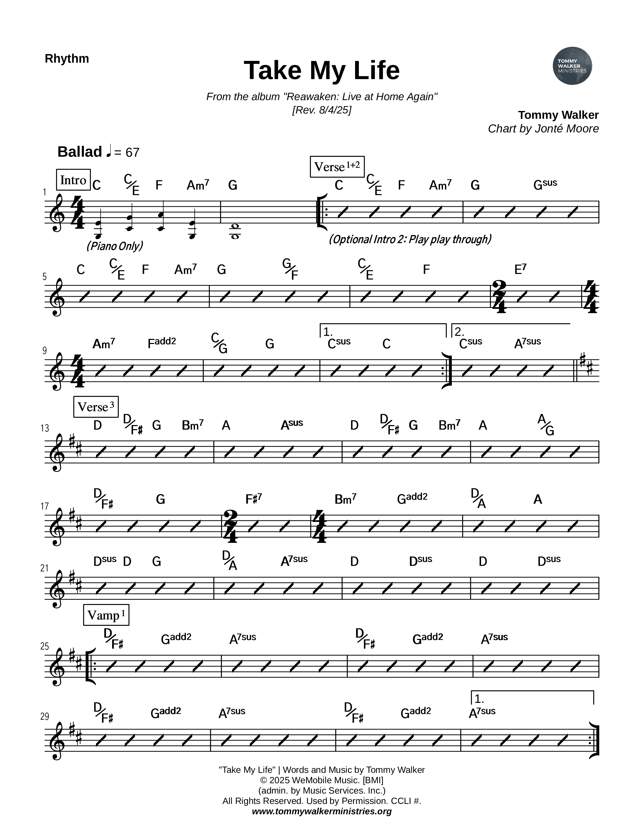 Take My Life And Let It Be Rhythm Chart (Tommy Walker)