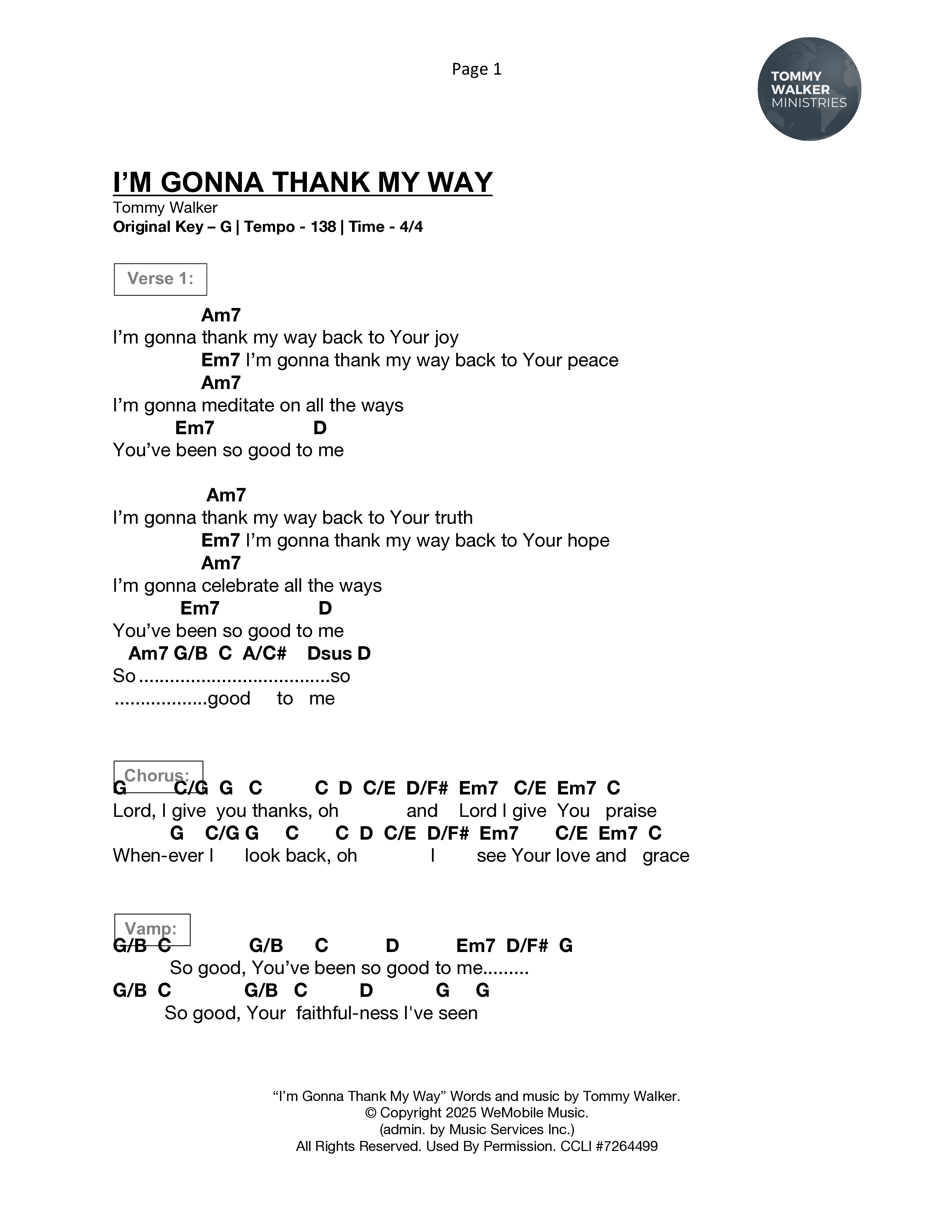 I'm Gonna Thank My Way Chord Chart (Tommy Walker)
