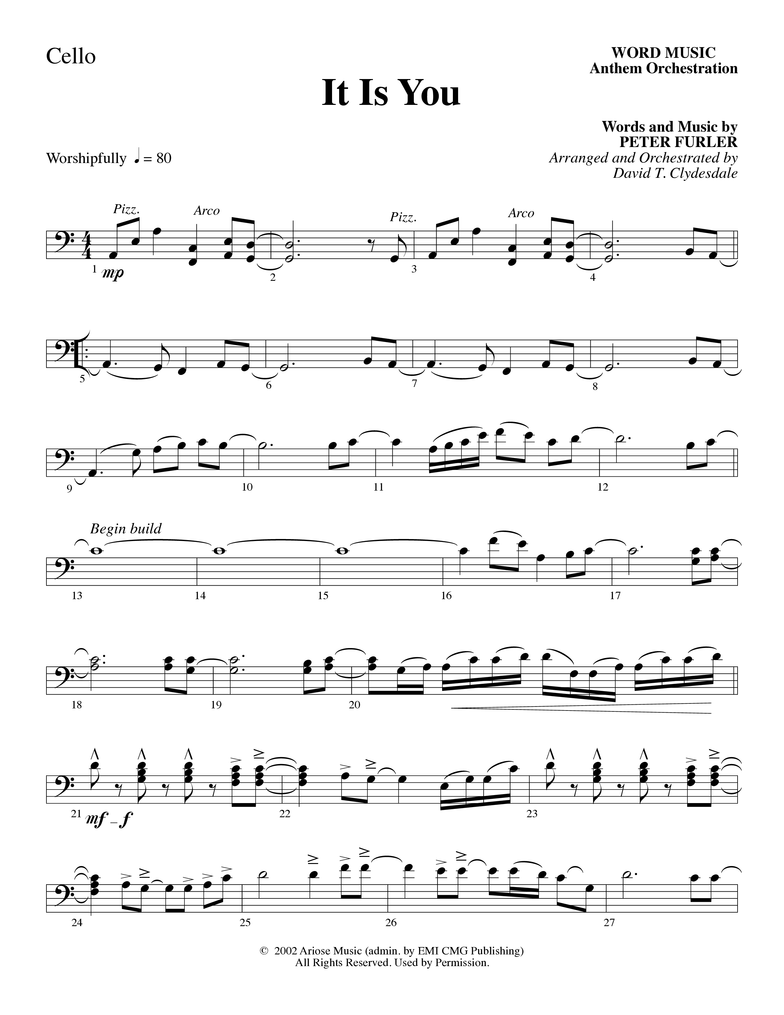 It Is You (Choral Anthem SATB) Cello (Word Music Choral / Arr. David Clydesdale)