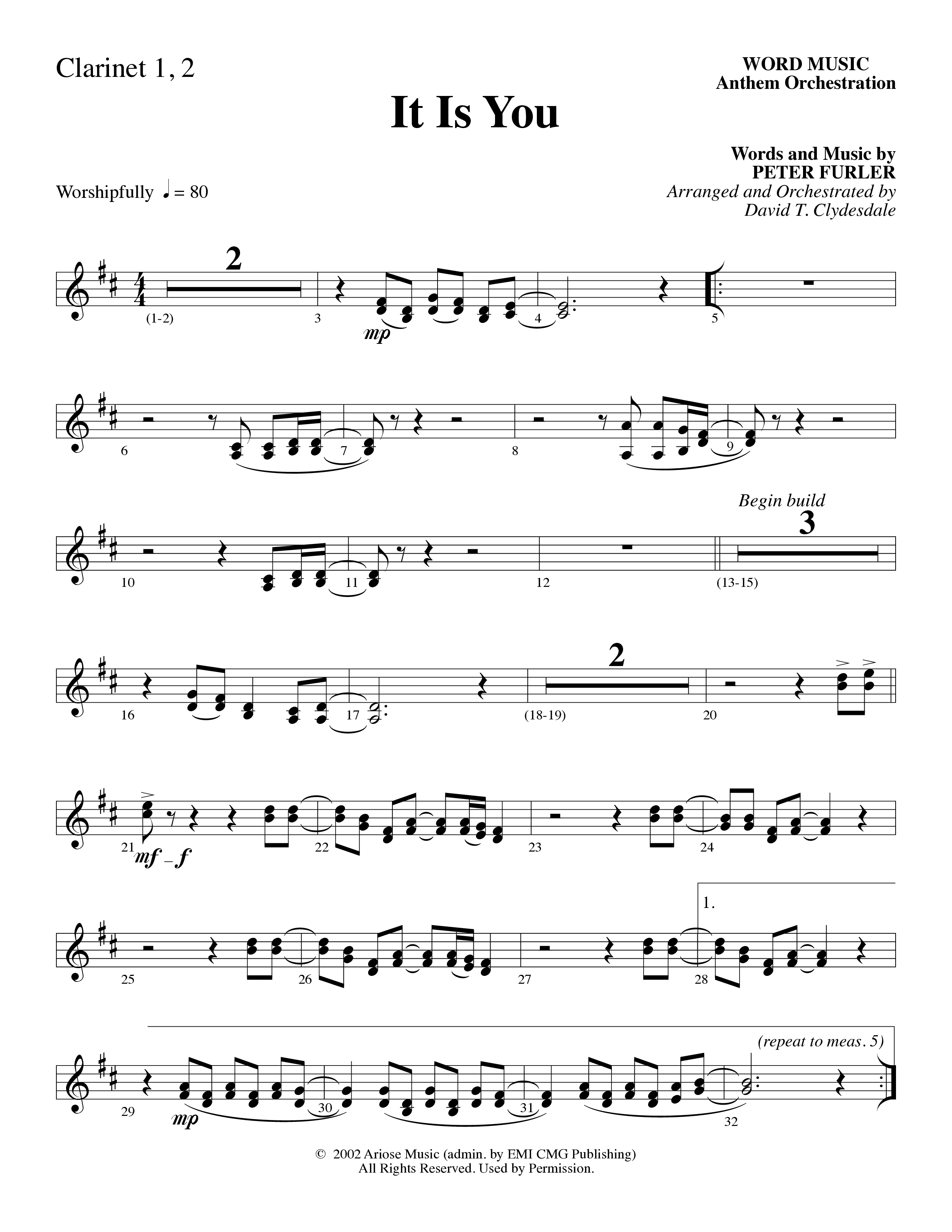 It Is You (Choral Anthem SATB) Clarinet 1/2 (Word Music Choral / Arr. David Clydesdale)