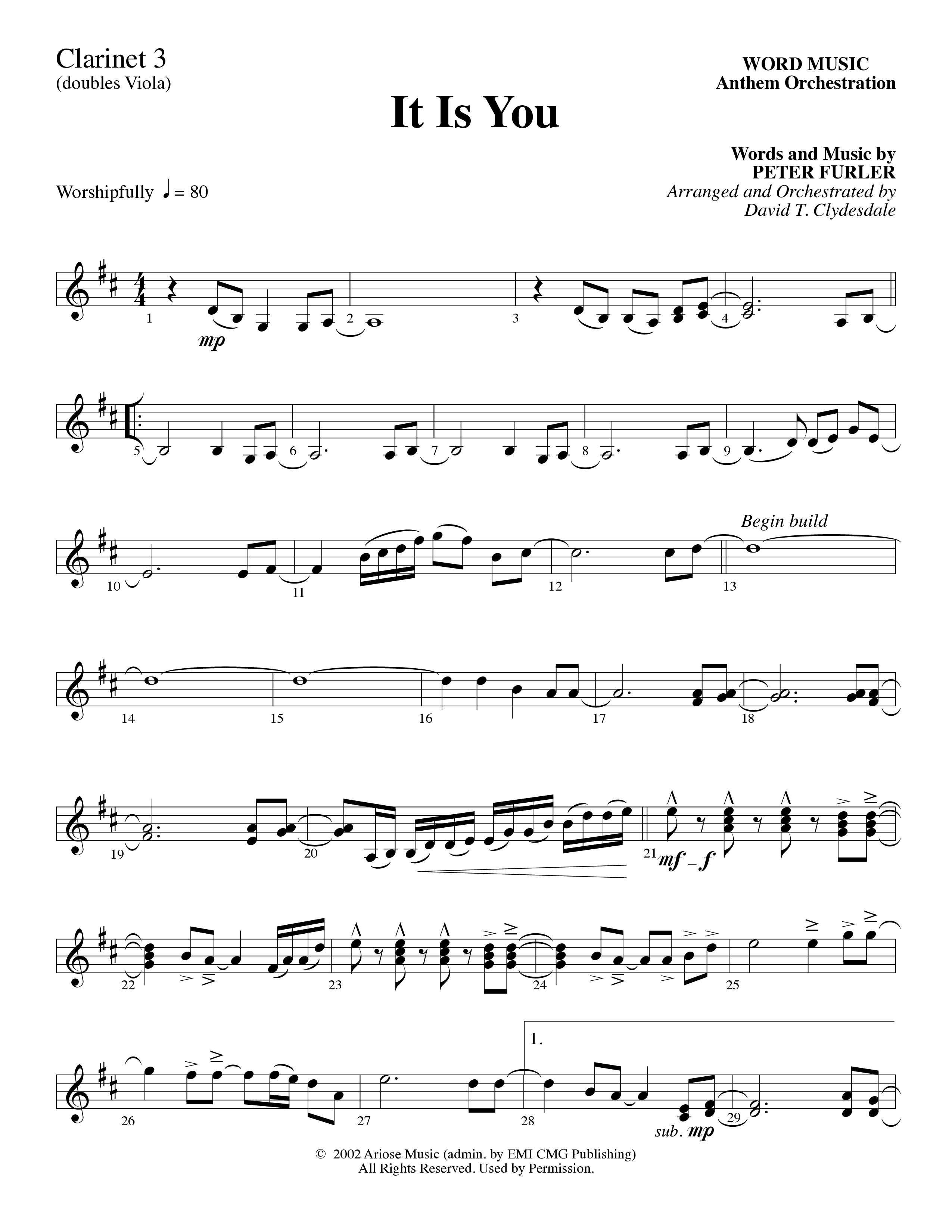 It Is You (Choral Anthem SATB) Clarinet 3 (Word Music Choral / Arr. David Clydesdale)