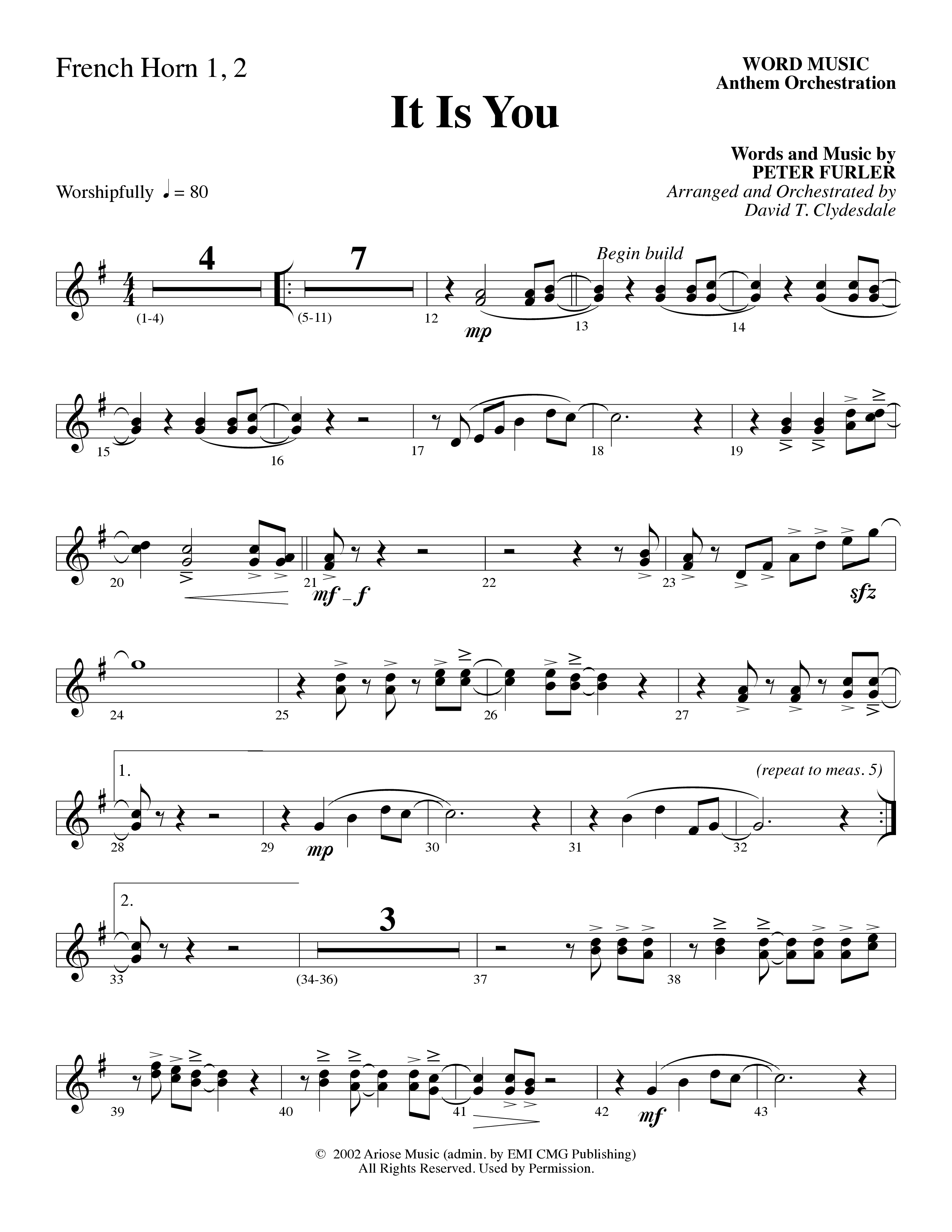 It Is You (Choral Anthem SATB) French Horn 1/2 (Word Music Choral / Arr. David Clydesdale)