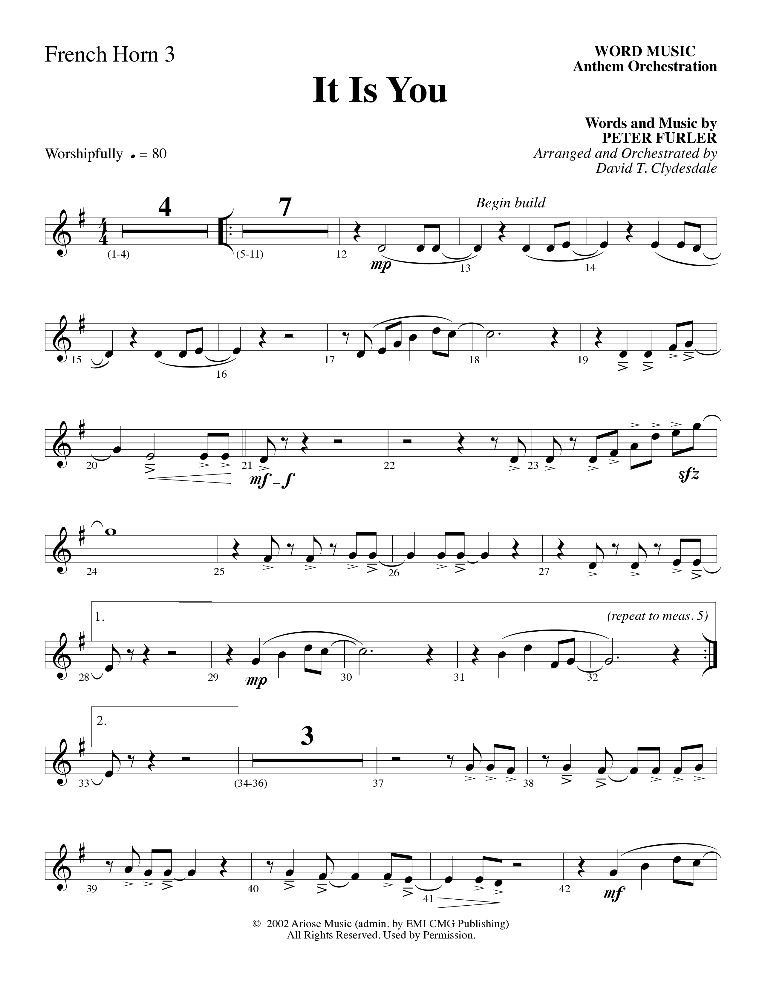 It Is You (Choral Anthem SATB) French Horn 3 (Word Music Choral / Arr. David Clydesdale)
