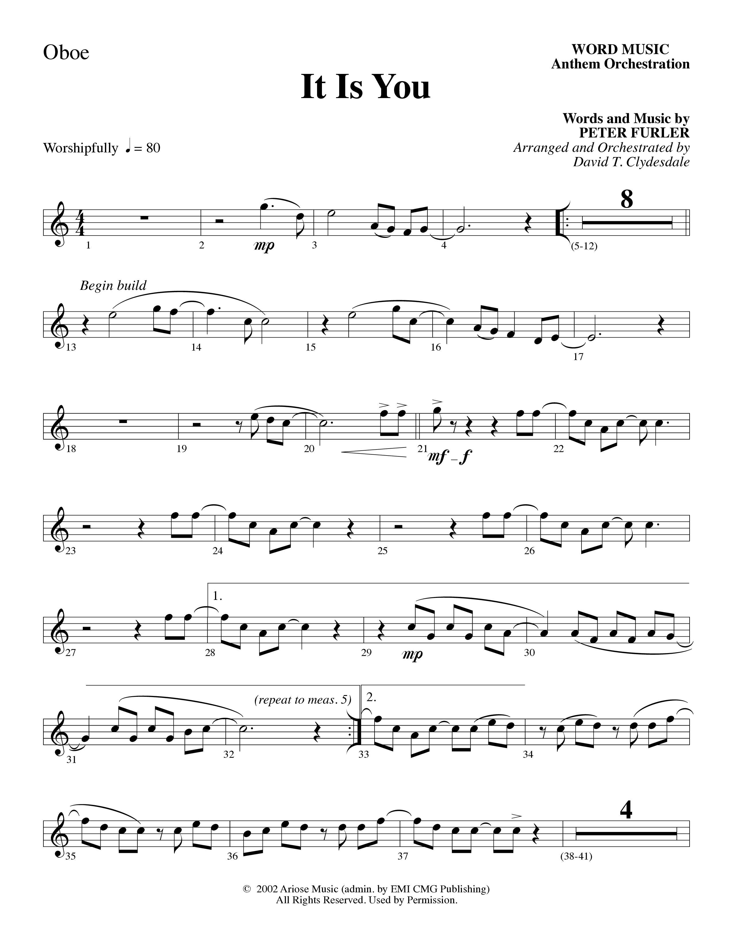It Is You (Choral Anthem SATB) Oboe (Word Music Choral / Arr. David Clydesdale)