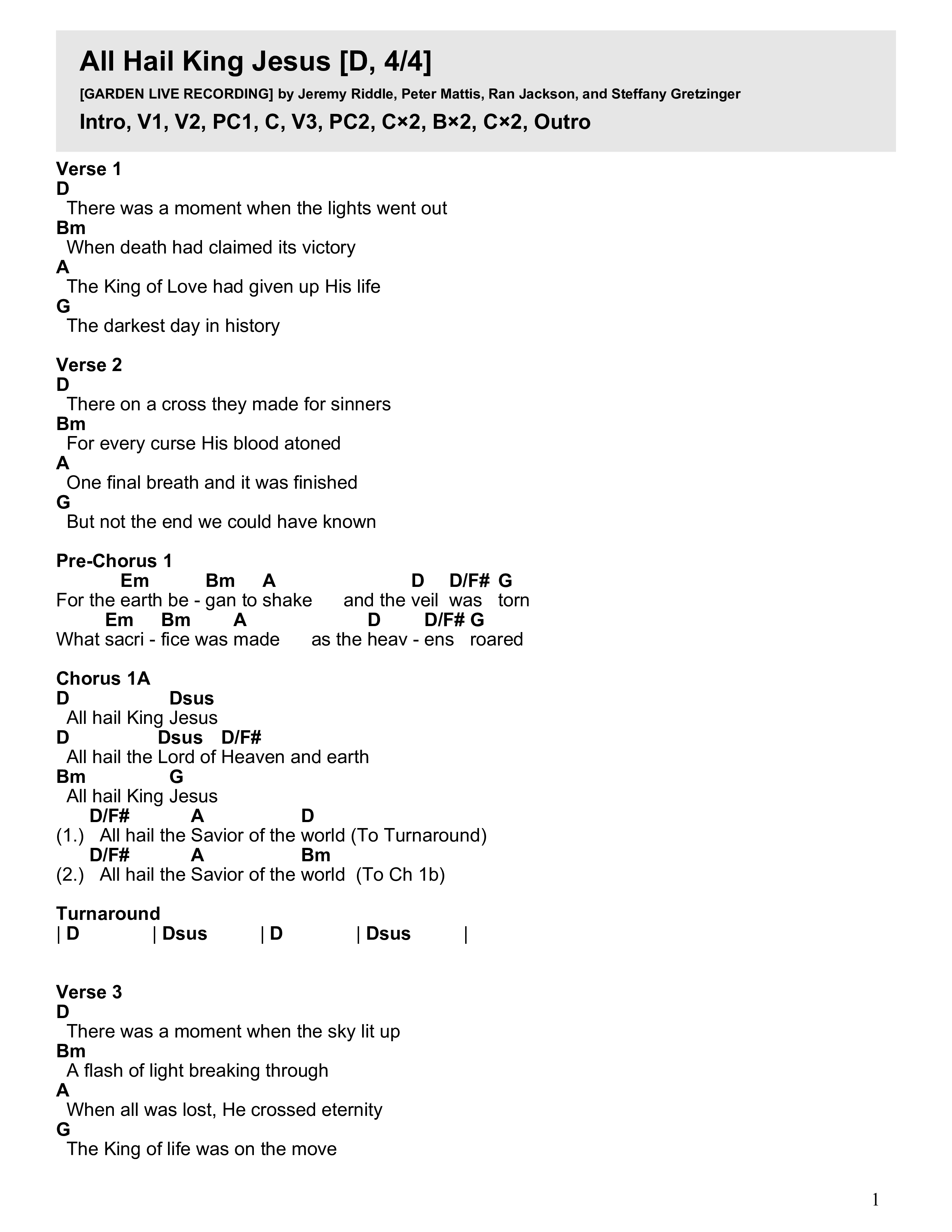 All Hail King Jesus Chord Chart (Garden Worship)