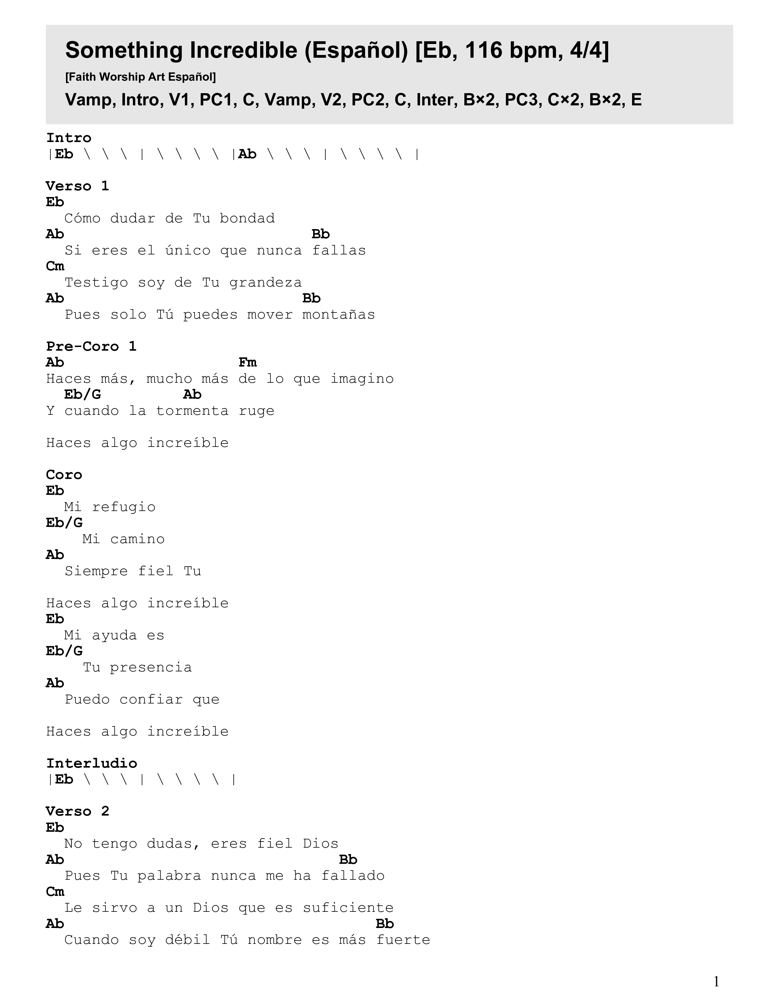 Something Incredible (Español) Chord Chart (Faith Worship Arts)