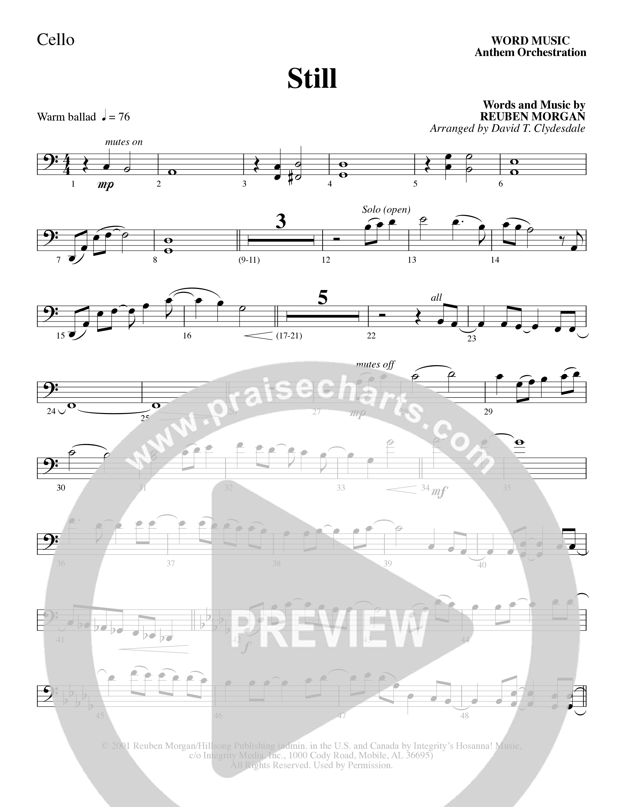 Still (Choral Anthem SATB) Cello (Word Music Choral / Arr. David Clydesdale)