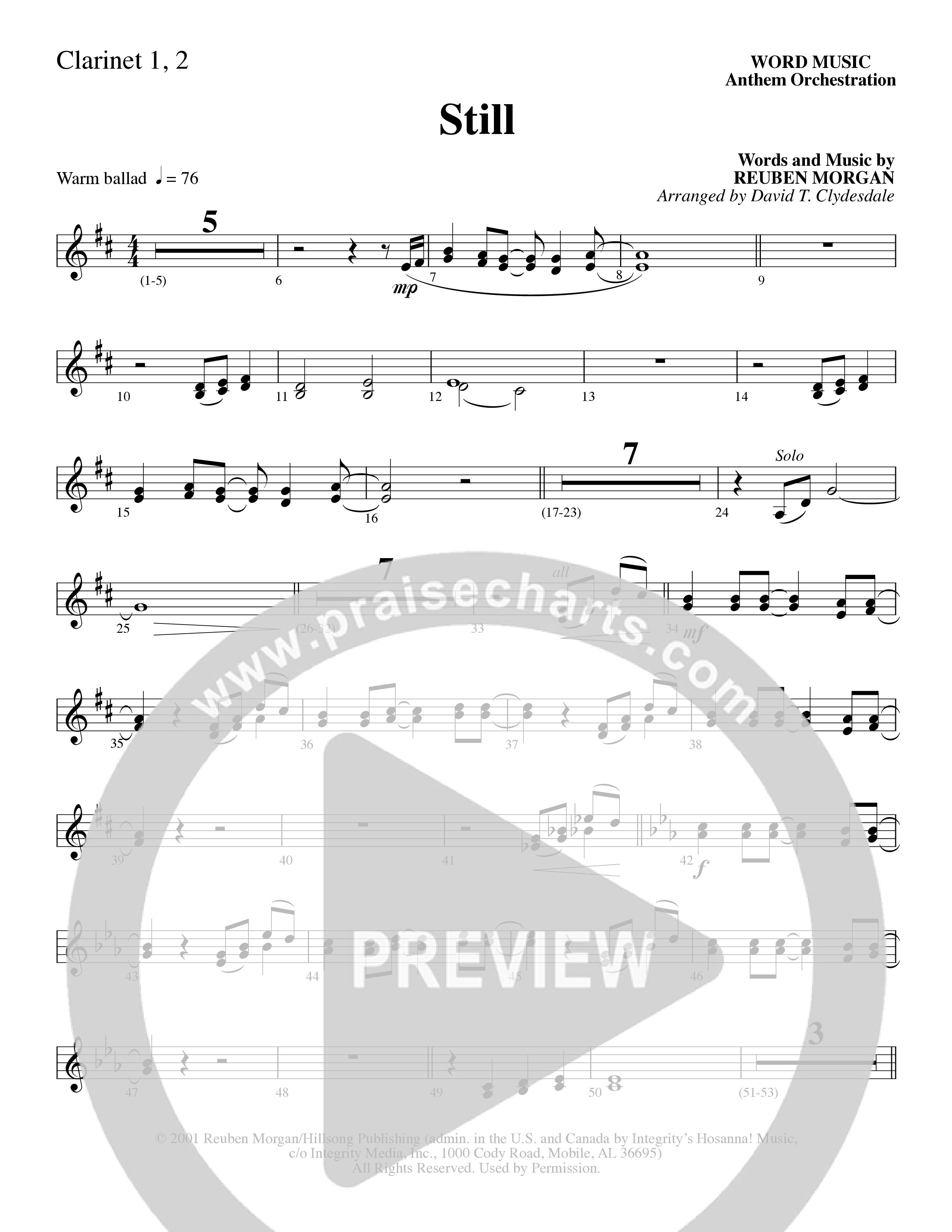 Still (Choral Anthem SATB) Clarinet 1/2 (Word Music Choral / Arr. David Clydesdale)