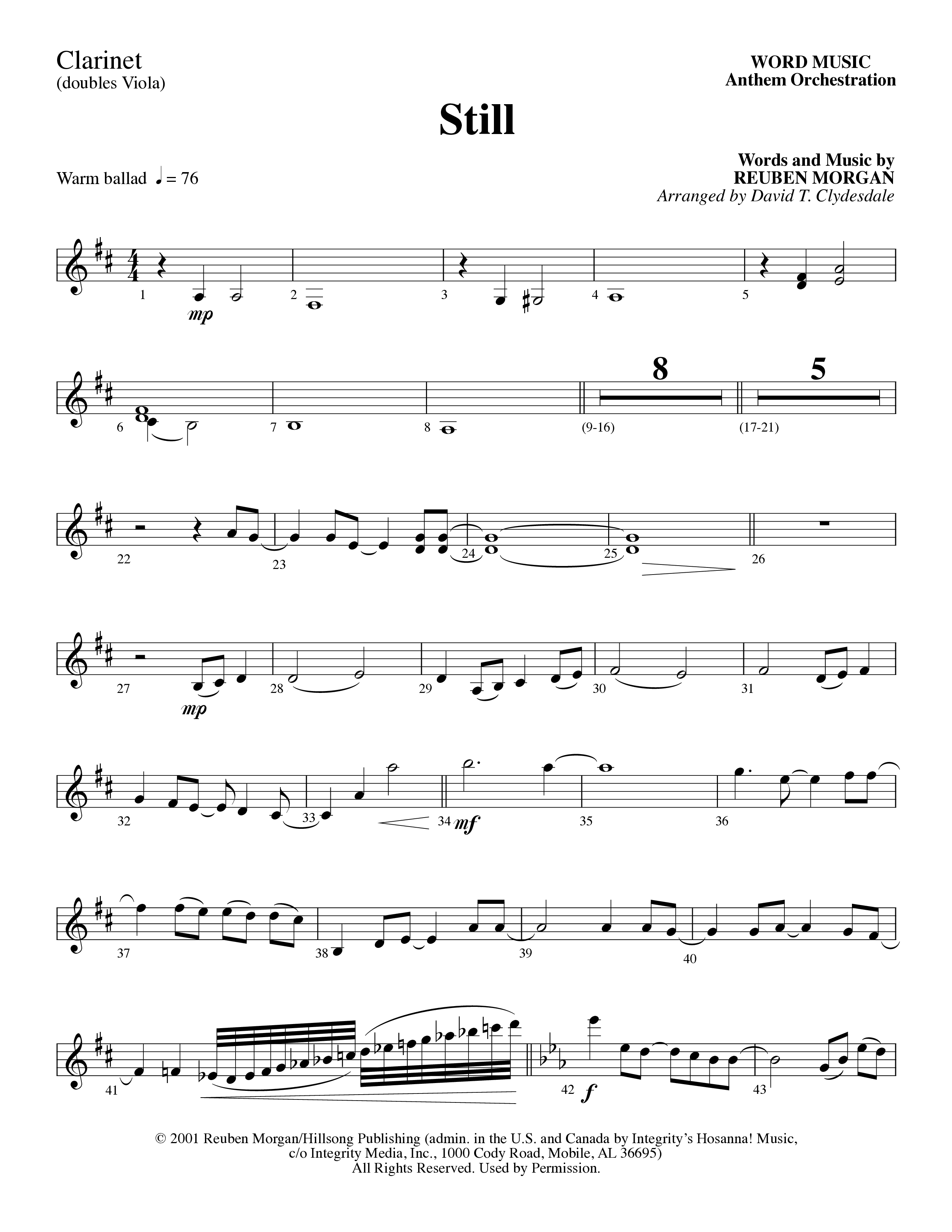 Still (Choral Anthem SATB) Clarinet 3 (Word Music Choral / Arr. David Clydesdale)