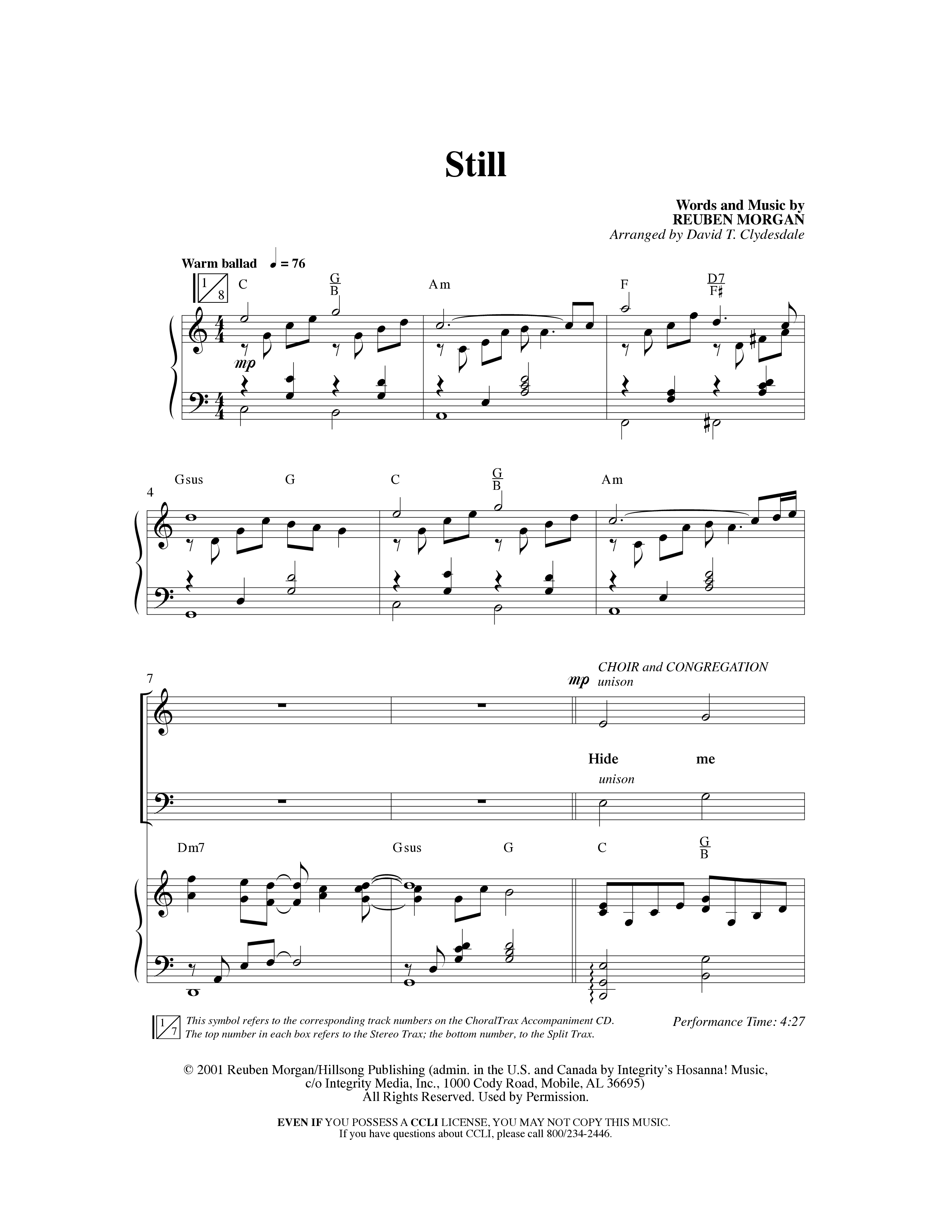 Still (Choral Anthem SATB) Anthem (SATB/Piano) (Word Music Choral / Arr. David Clydesdale)