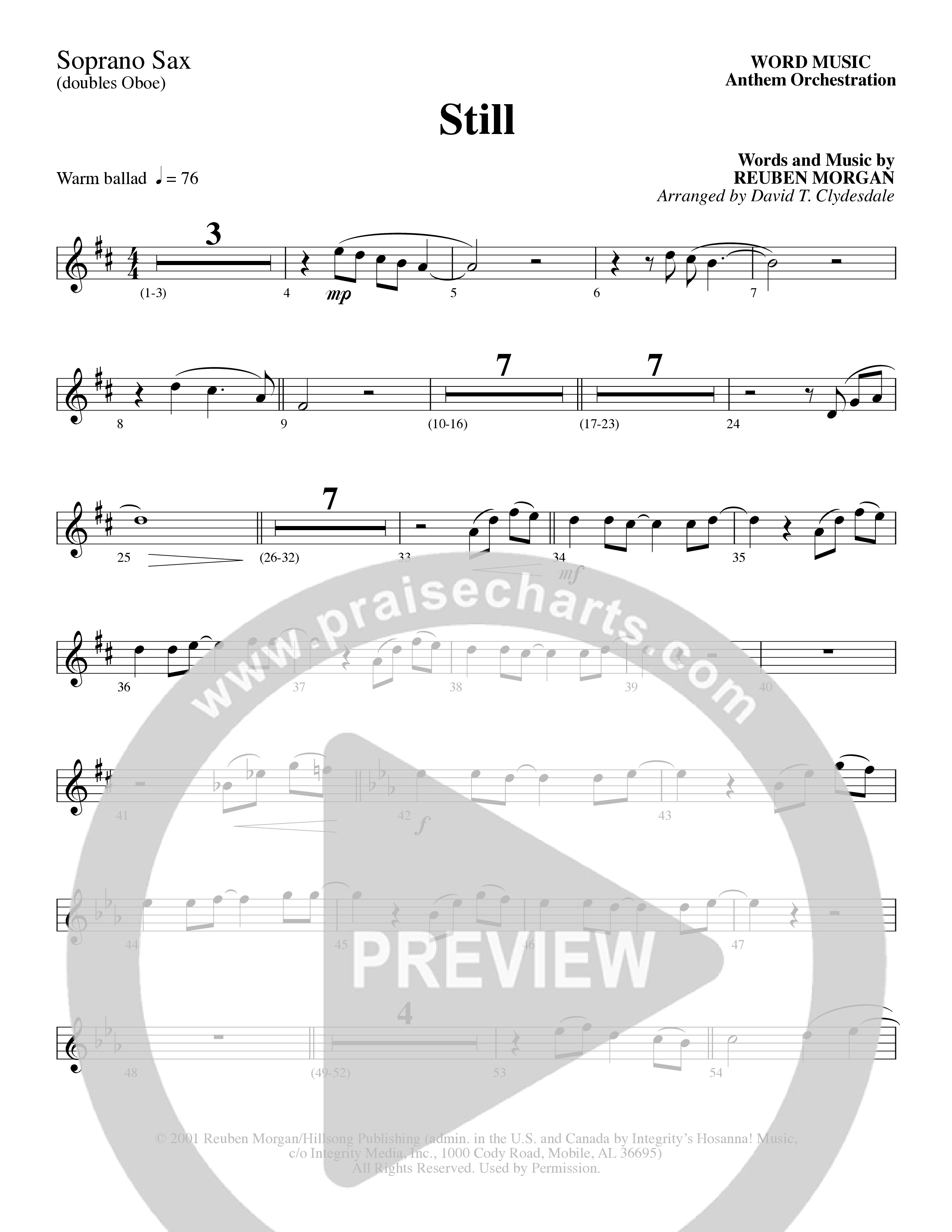 Still (Choral Anthem SATB) Soprano Sax (Word Music Choral / Arr. David Clydesdale)