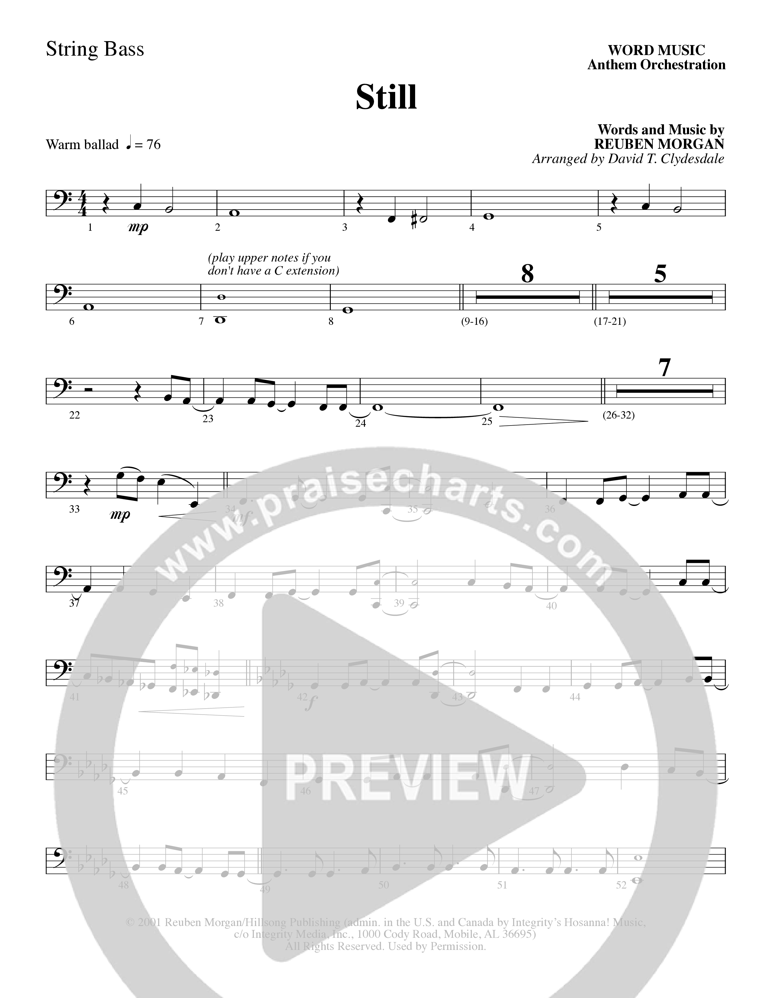 Still (Choral Anthem SATB) String Bass (Word Music Choral / Arr. David Clydesdale)