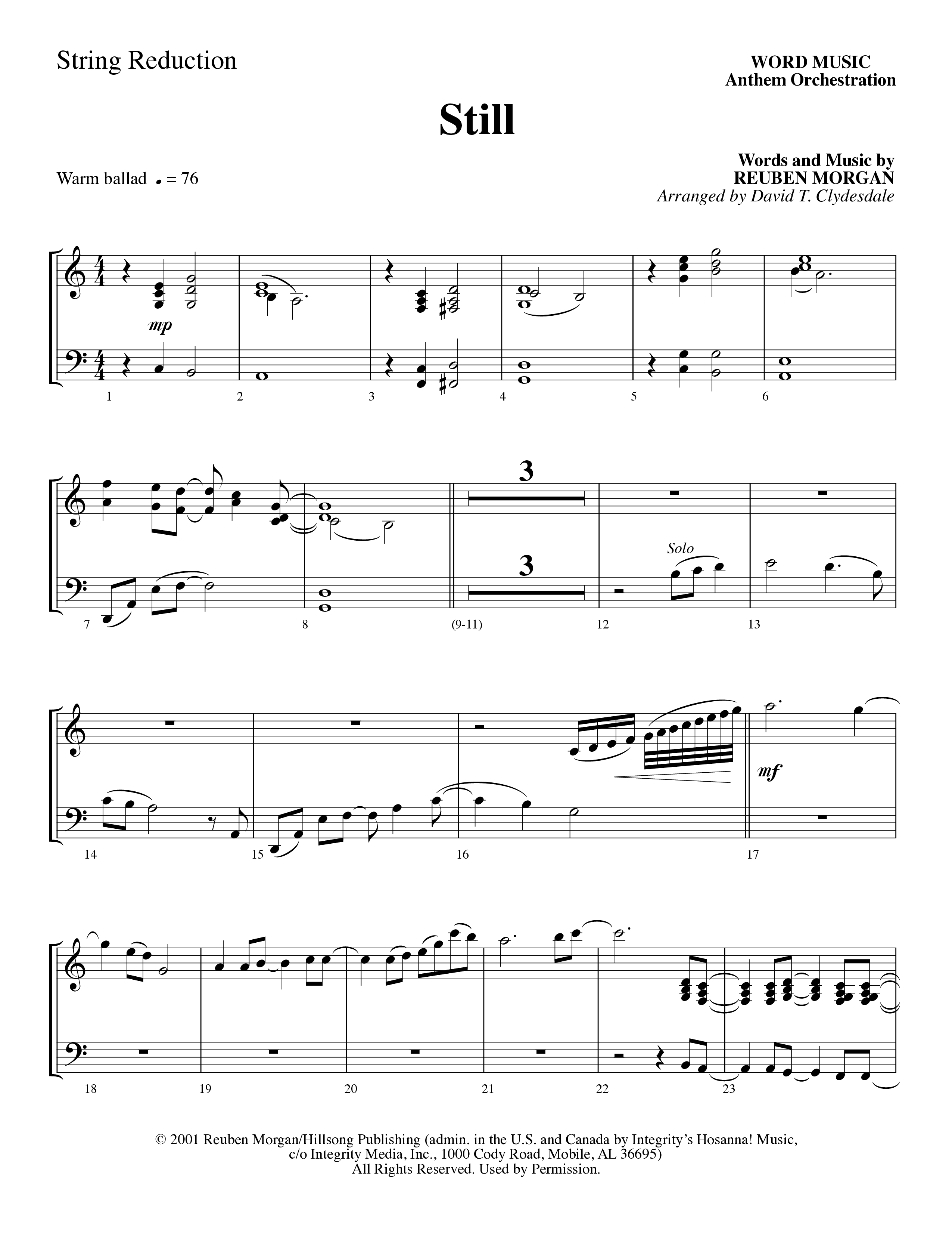 Still (Choral Anthem SATB) String Reduction (Word Music Choral / Arr. David Clydesdale)