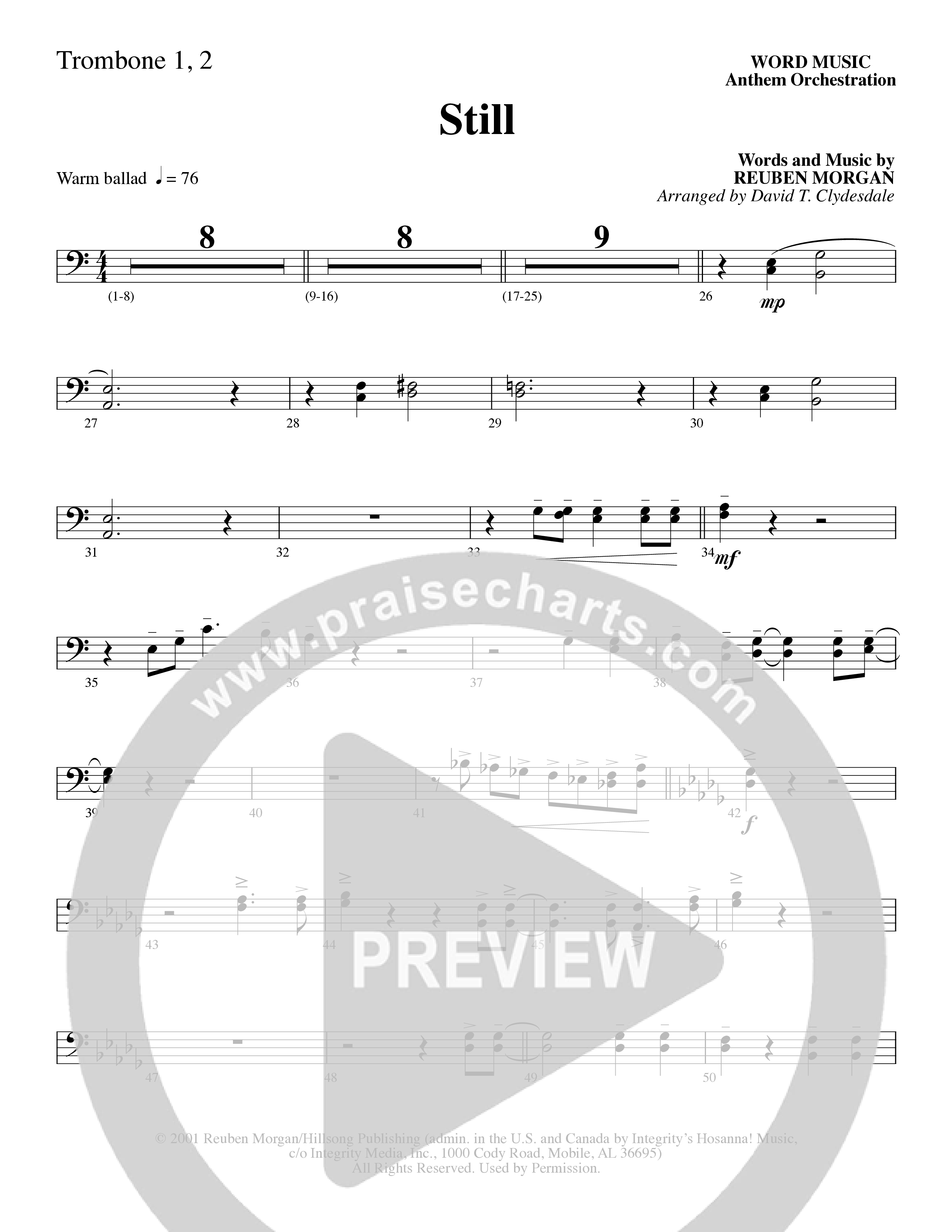 Still (Choral Anthem SATB) Trombone 1/2 (Word Music Choral / Arr. David Clydesdale)