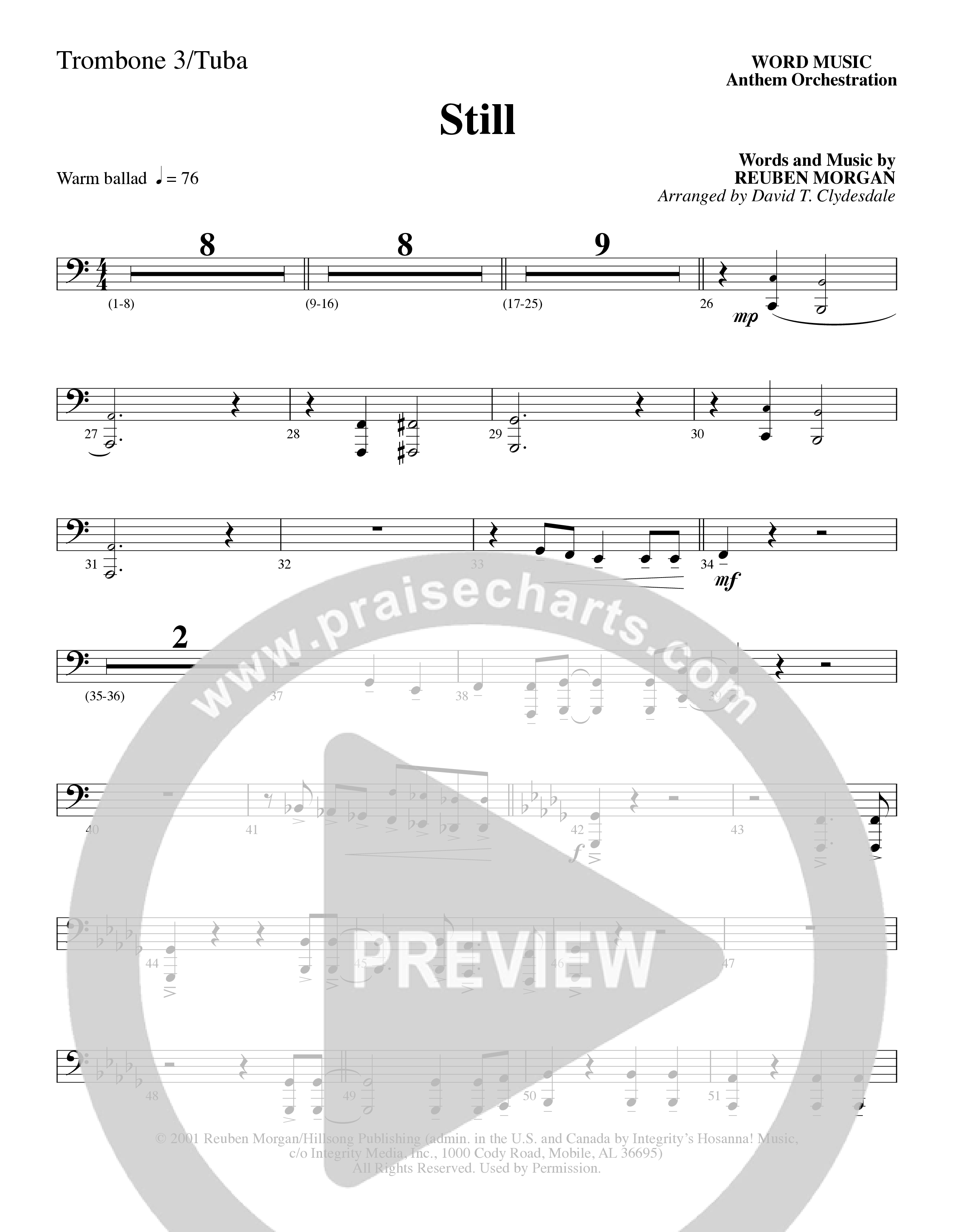 Still (Choral Anthem SATB) Trombone 3/Tuba (Word Music Choral / Arr. David Clydesdale)