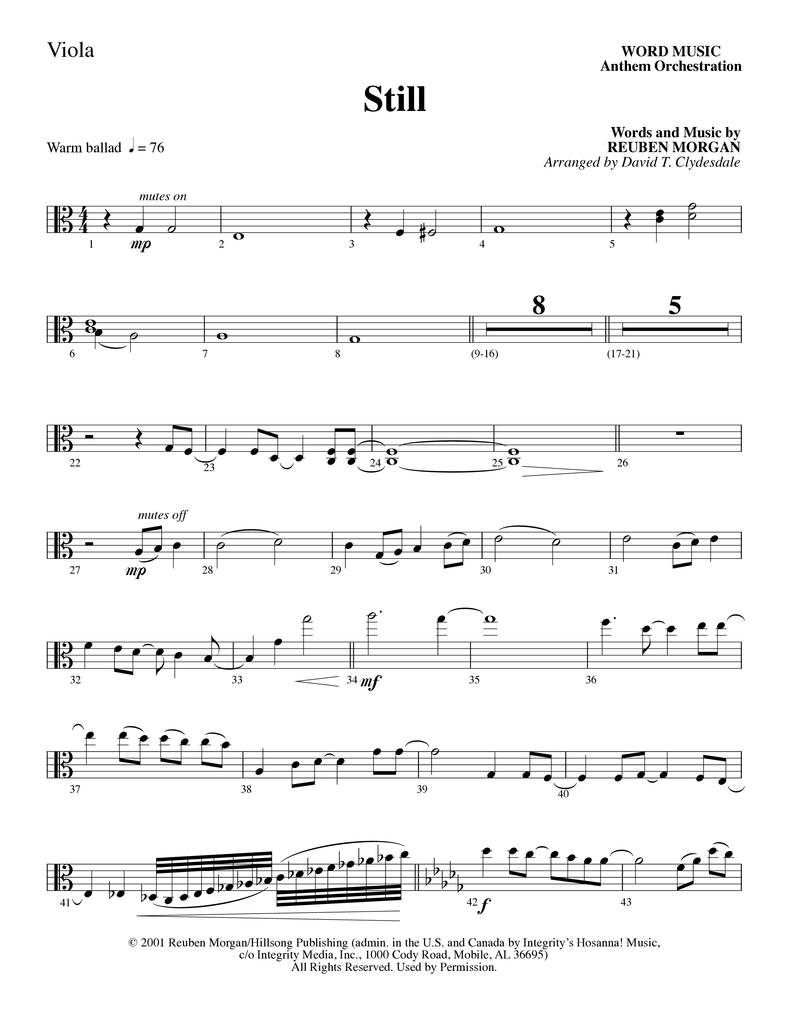 Still (Choral Anthem SATB) Viola (Word Music Choral / Arr. David Clydesdale)