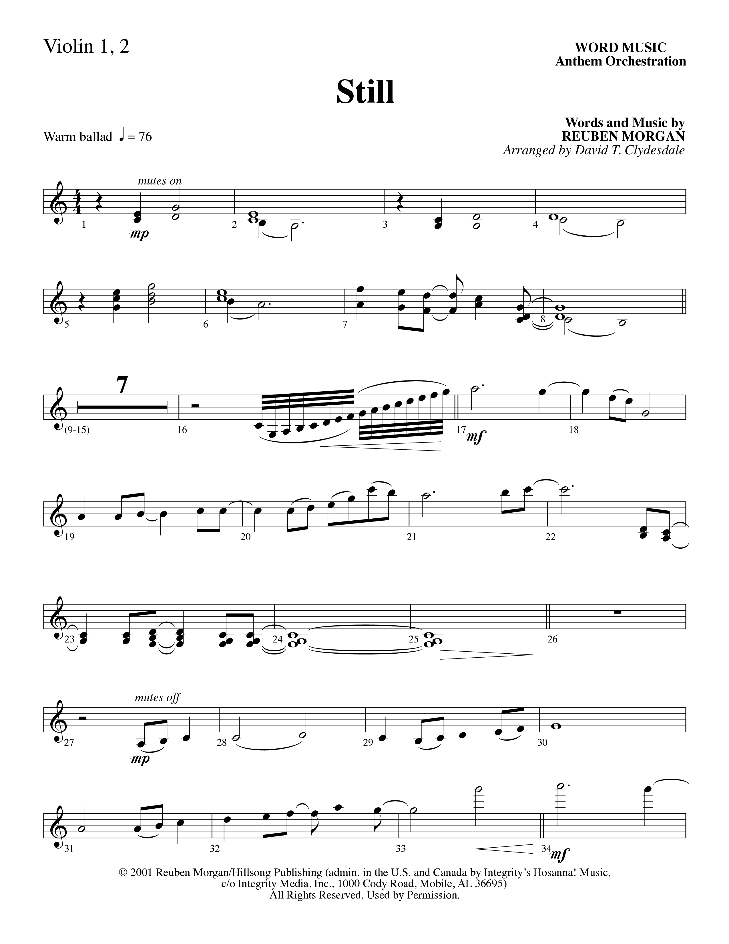 Still (Choral Anthem SATB) Violin 1/2 (Word Music Choral / Arr. David Clydesdale)