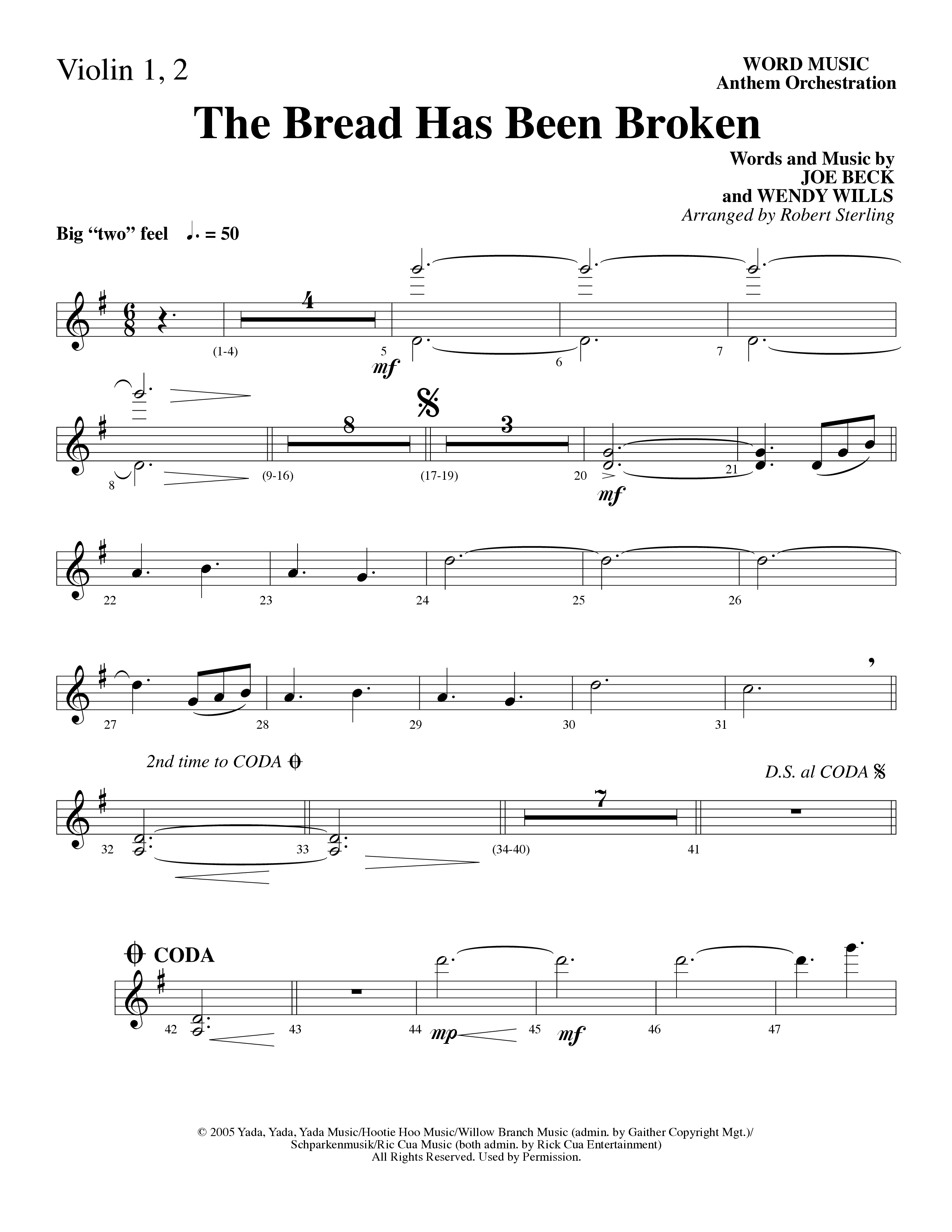 The Bread Has Been Broken (Choral Anthem SATB) Violin 1/2 (Robert Sterling / Word Music Choral)