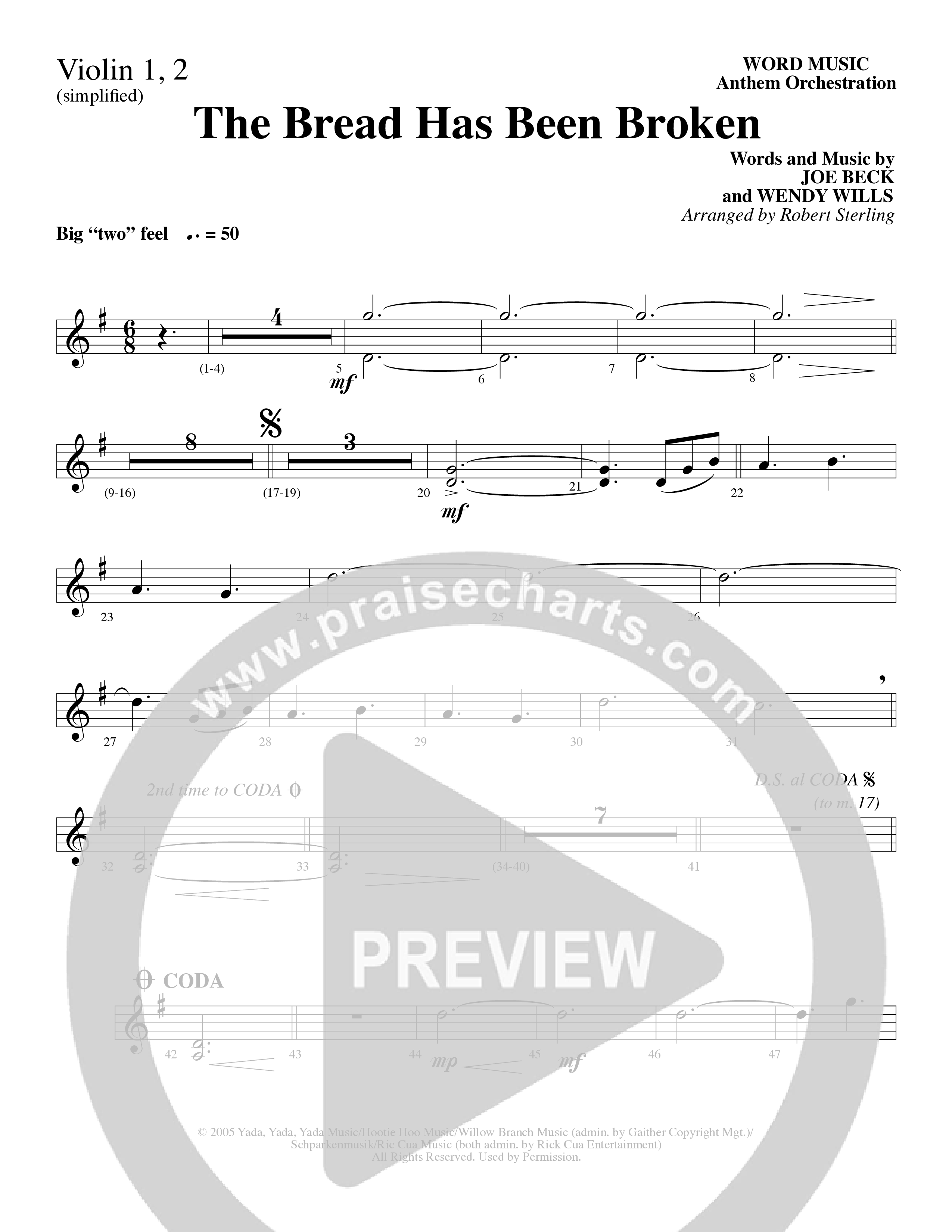 The Bread Has Been Broken (Choral Anthem SATB) Violin 1/2 (Robert Sterling / Word Music Choral)