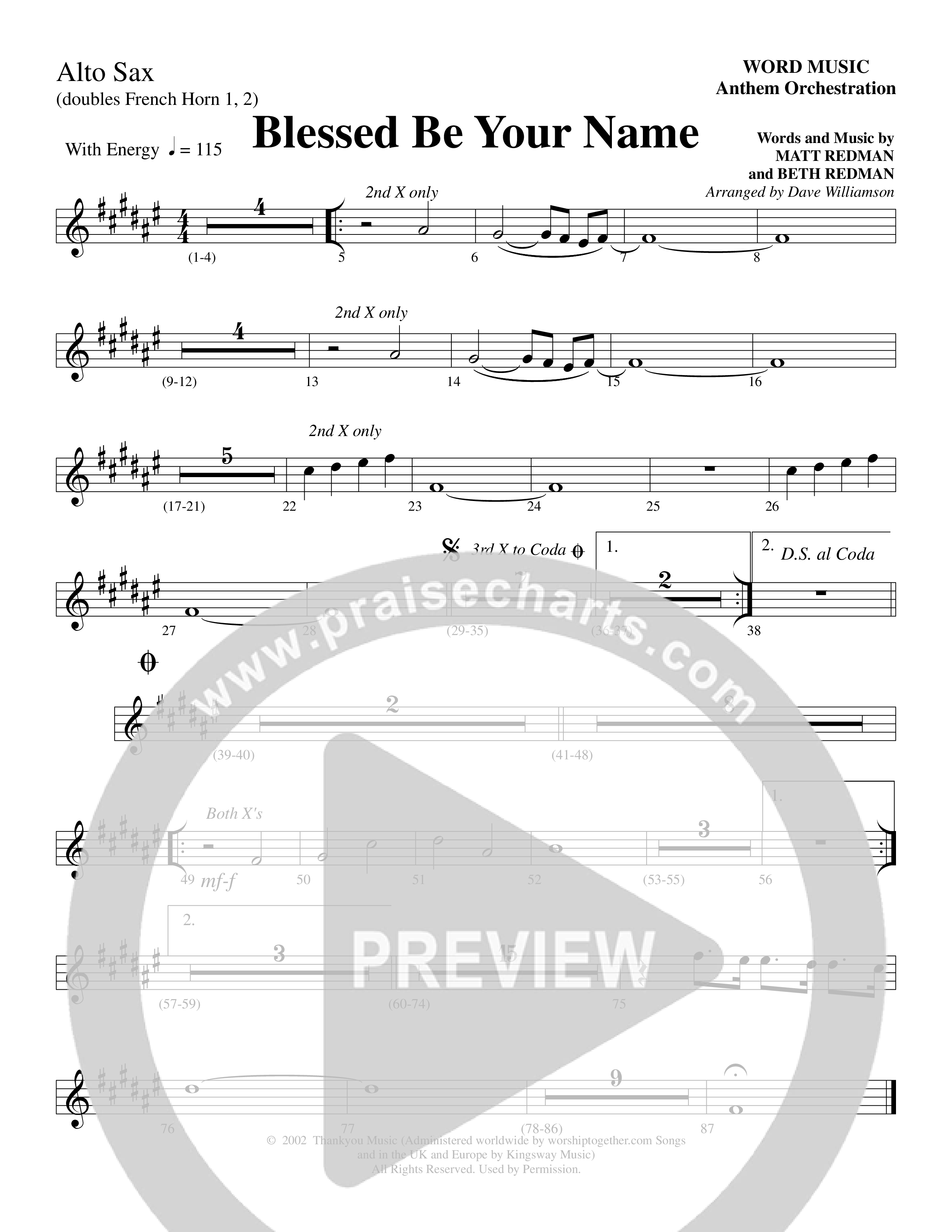 Blessed Be Your Name (Choral Anthem SATB) Alto Sax (Word Music Choral / Arr. Dave Williamson)