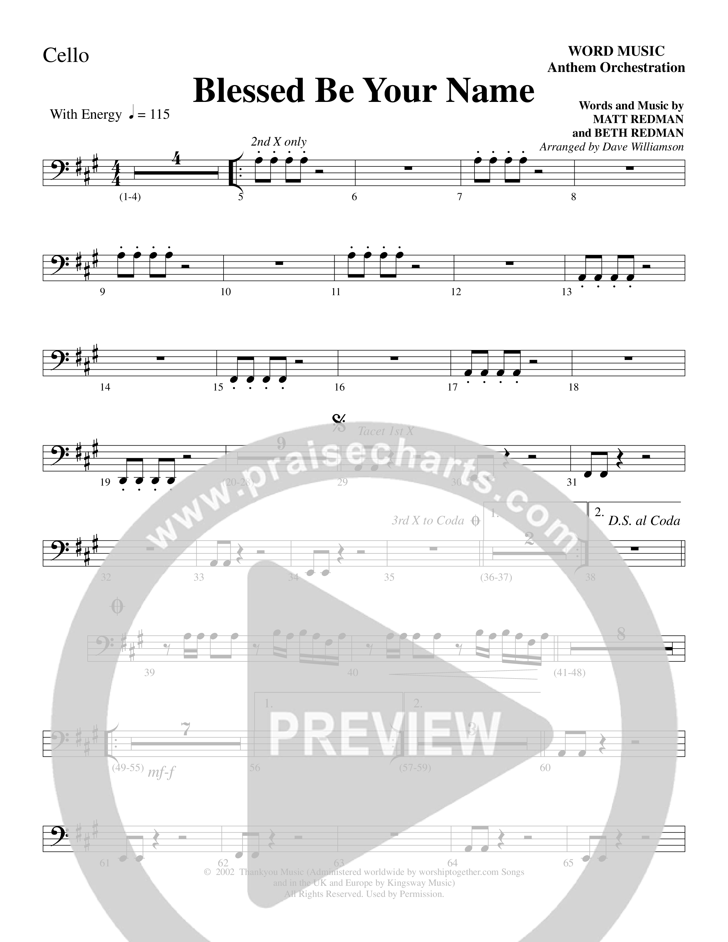 Blessed Be Your Name (Choral Anthem SATB) Cello (Word Music Choral / Arr. Dave Williamson)