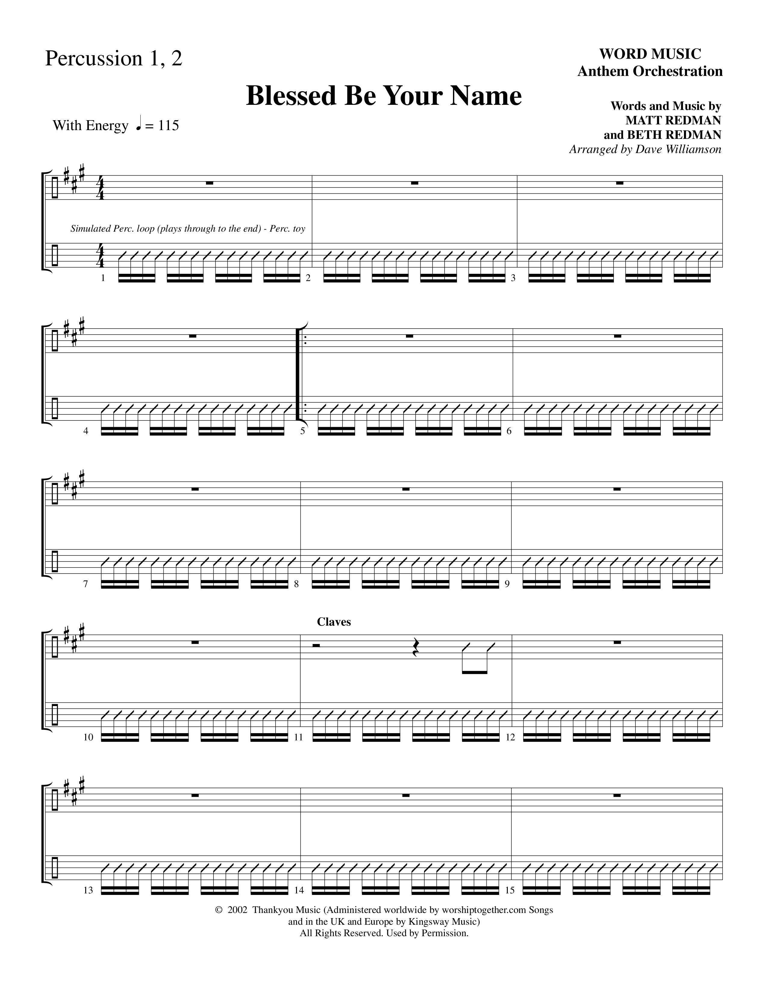 Blessed Be Your Name (Choral Anthem SATB) Percussion 1/2 (Word Music Choral / Arr. Dave Williamson)