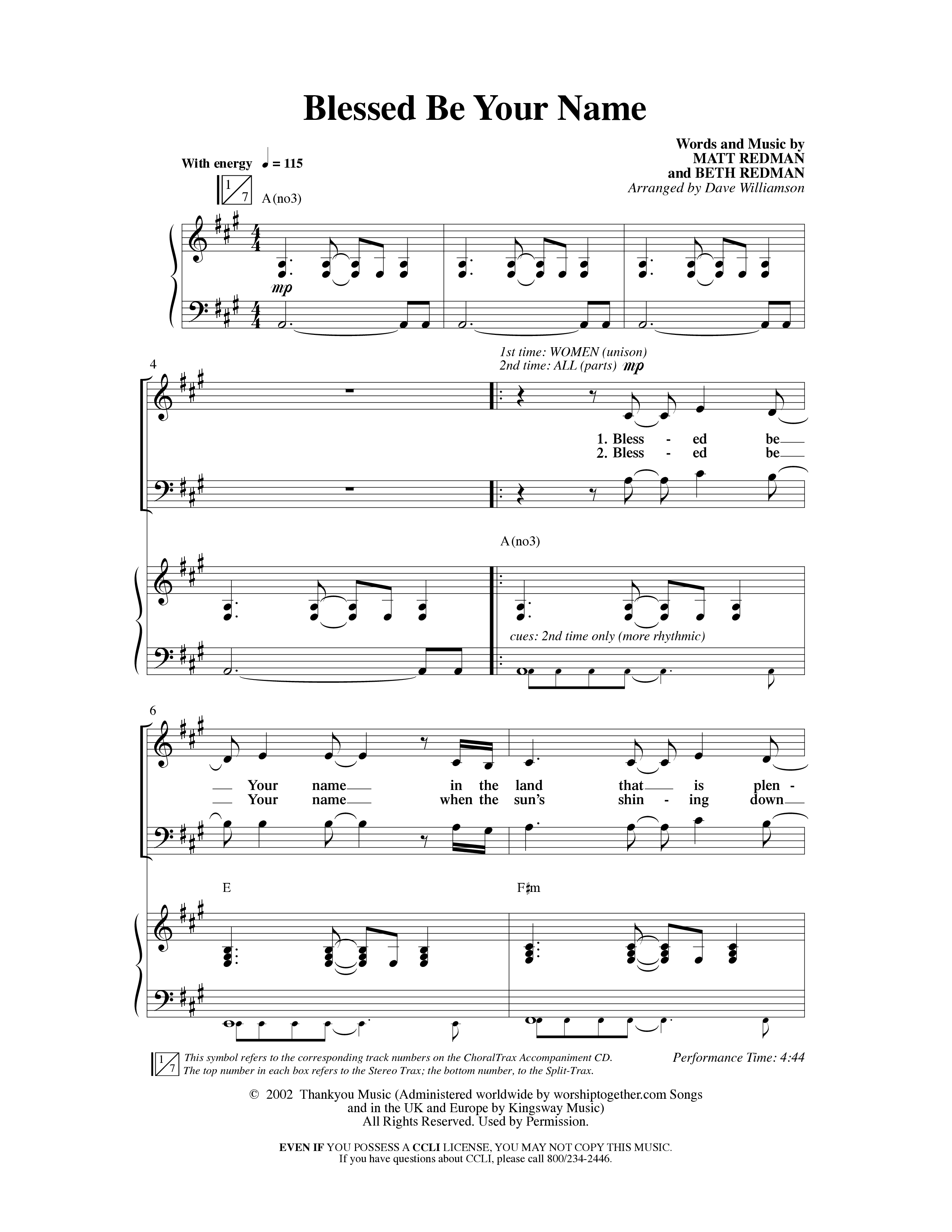 Blessed Be Your Name (Choral Anthem SATB) Anthem (SATB/Piano) (Word Music Choral / Arr. Dave Williamson)