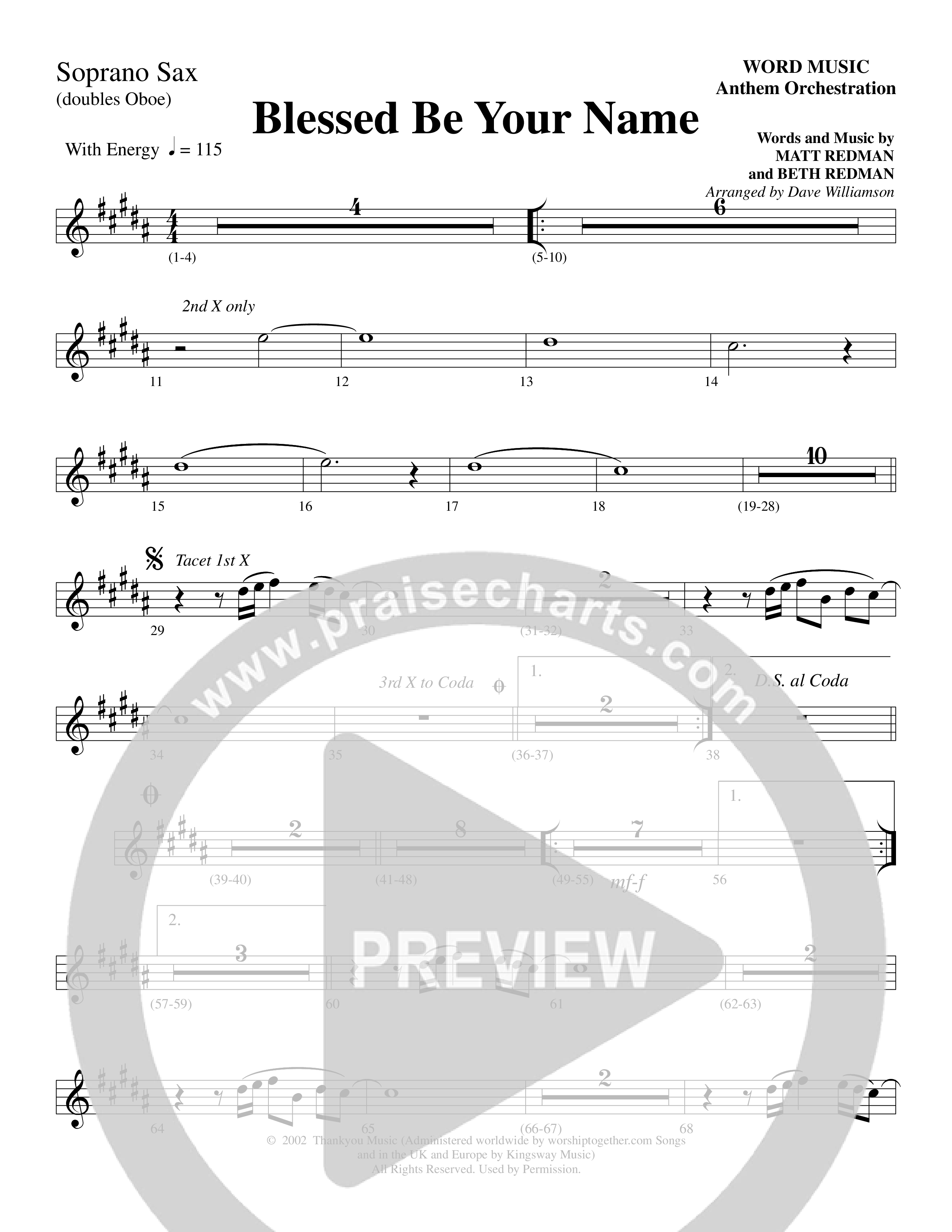 Blessed Be Your Name (Choral Anthem SATB) Soprano Sax (Word Music Choral / Arr. Dave Williamson)