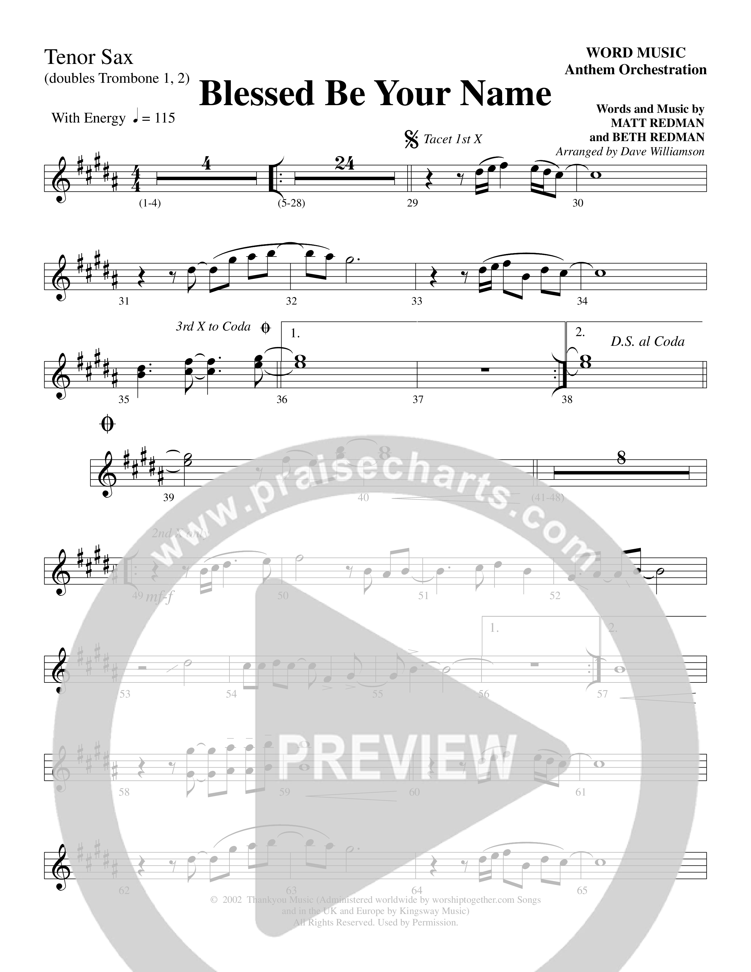 Blessed Be Your Name (Choral Anthem SATB) Tenor Sax/Baritone T.C. (Word Music Choral / Arr. Dave Williamson)