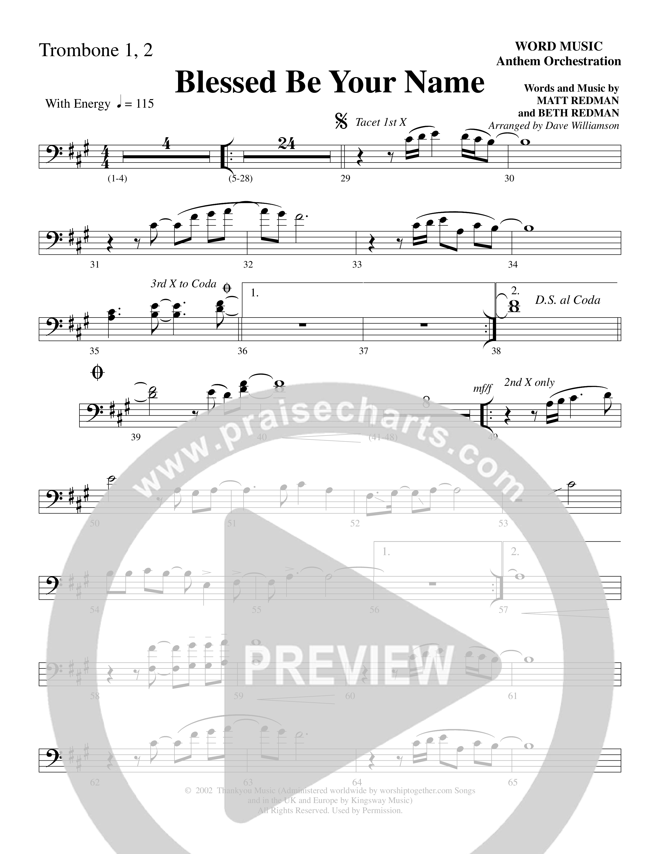 Blessed Be Your Name (Choral Anthem SATB) Trombone 1/2 (Word Music Choral / Arr. Dave Williamson)