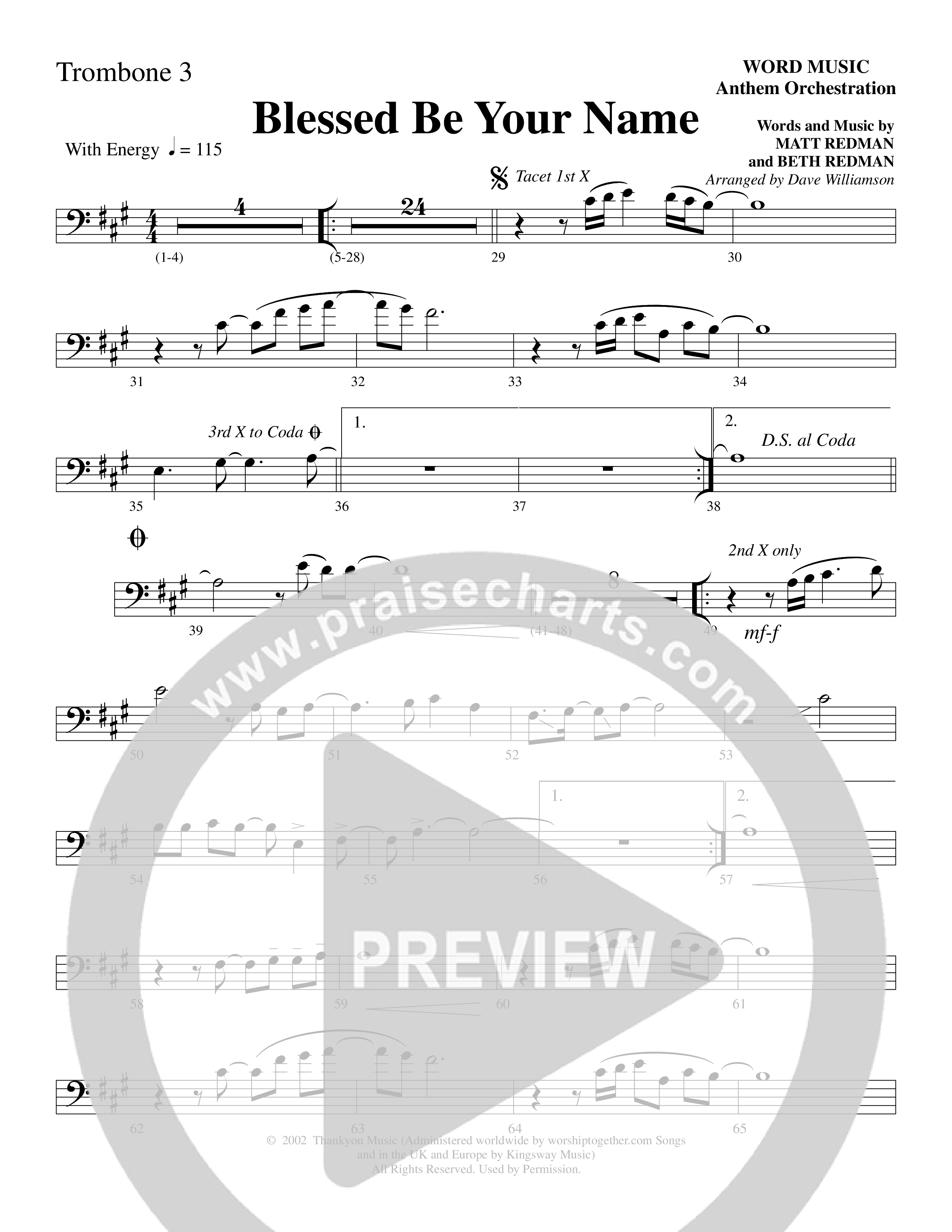 Blessed Be Your Name (Choral Anthem SATB) Trombone 3 (Word Music Choral / Arr. Dave Williamson)
