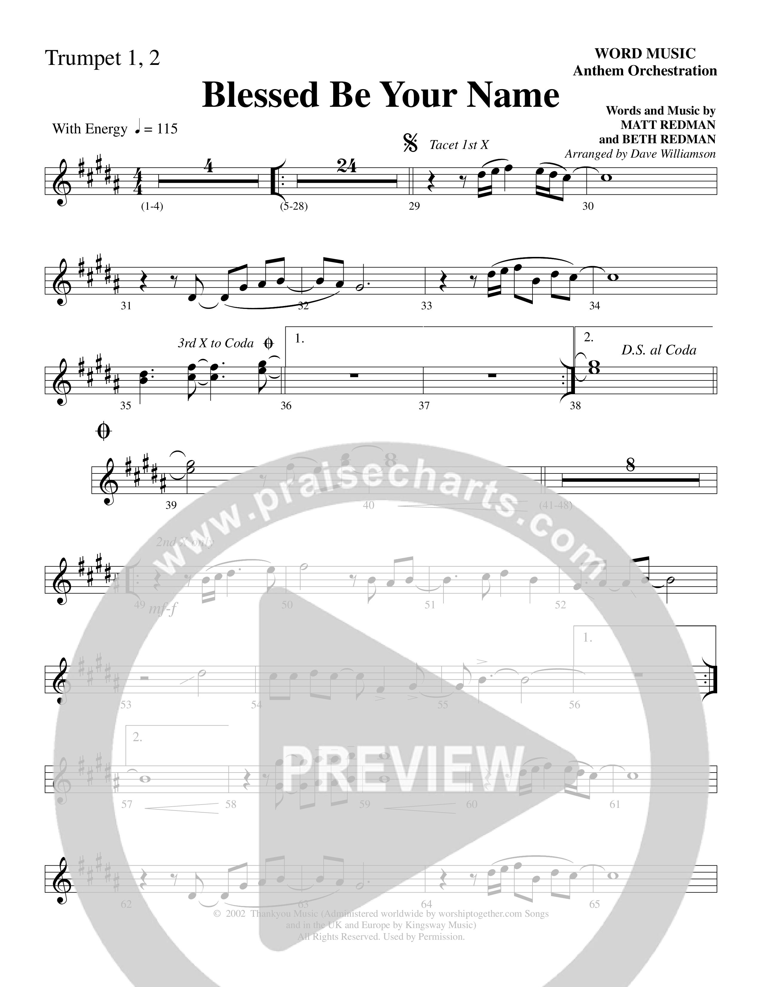 Blessed Be Your Name (Choral Anthem SATB) Trumpet 1,2 (Word Music Choral / Arr. Dave Williamson)