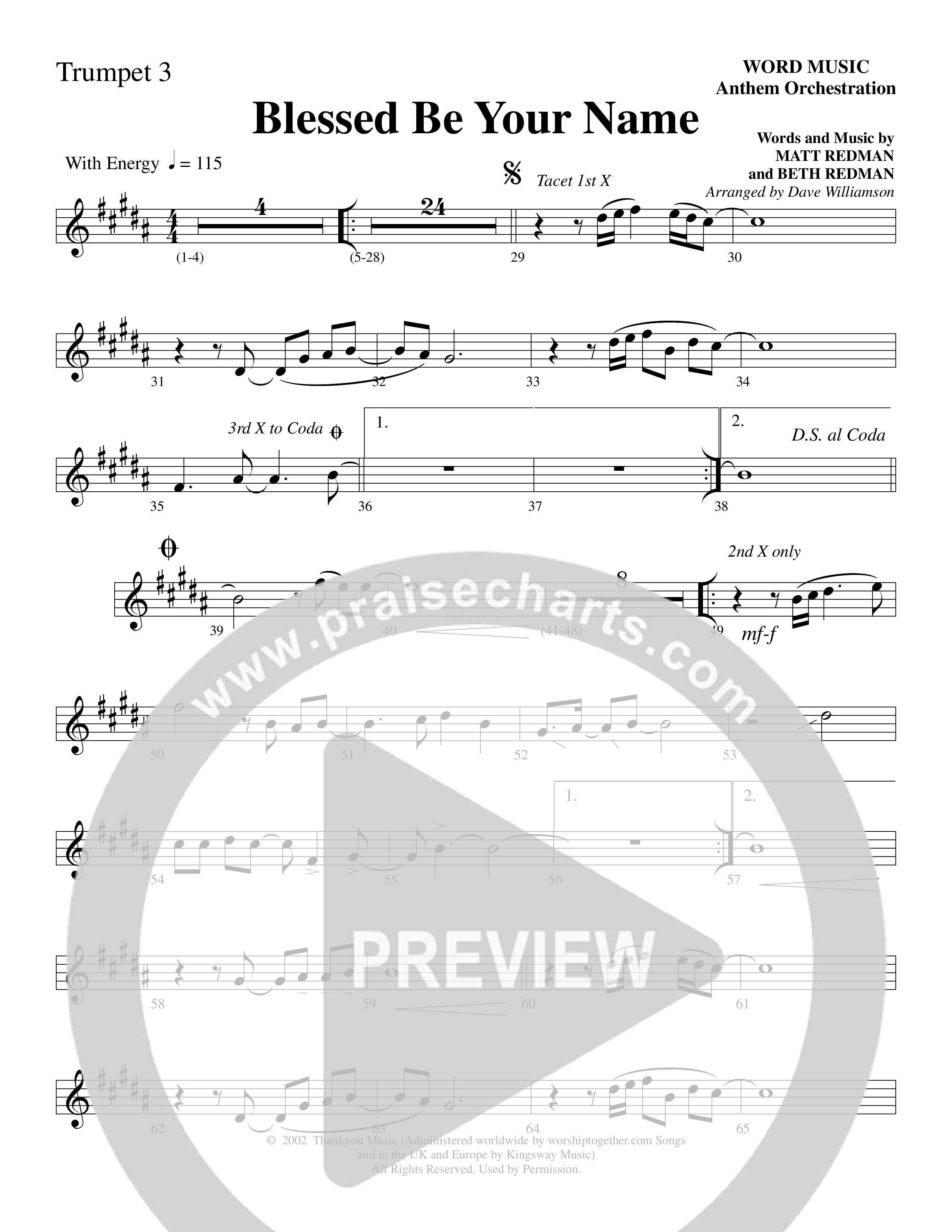 Blessed Be Your Name (Choral Anthem SATB) Trumpet 3 (Word Music Choral / Arr. Dave Williamson)