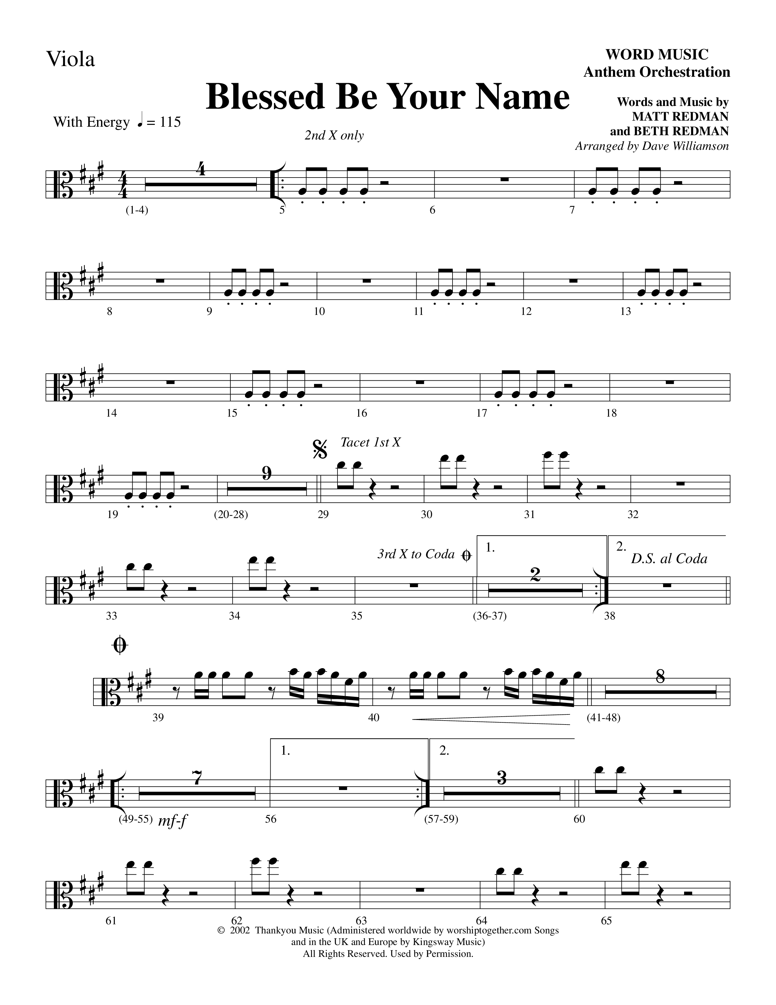 Blessed Be Your Name (Choral Anthem SATB) Viola (Word Music Choral / Arr. Dave Williamson)