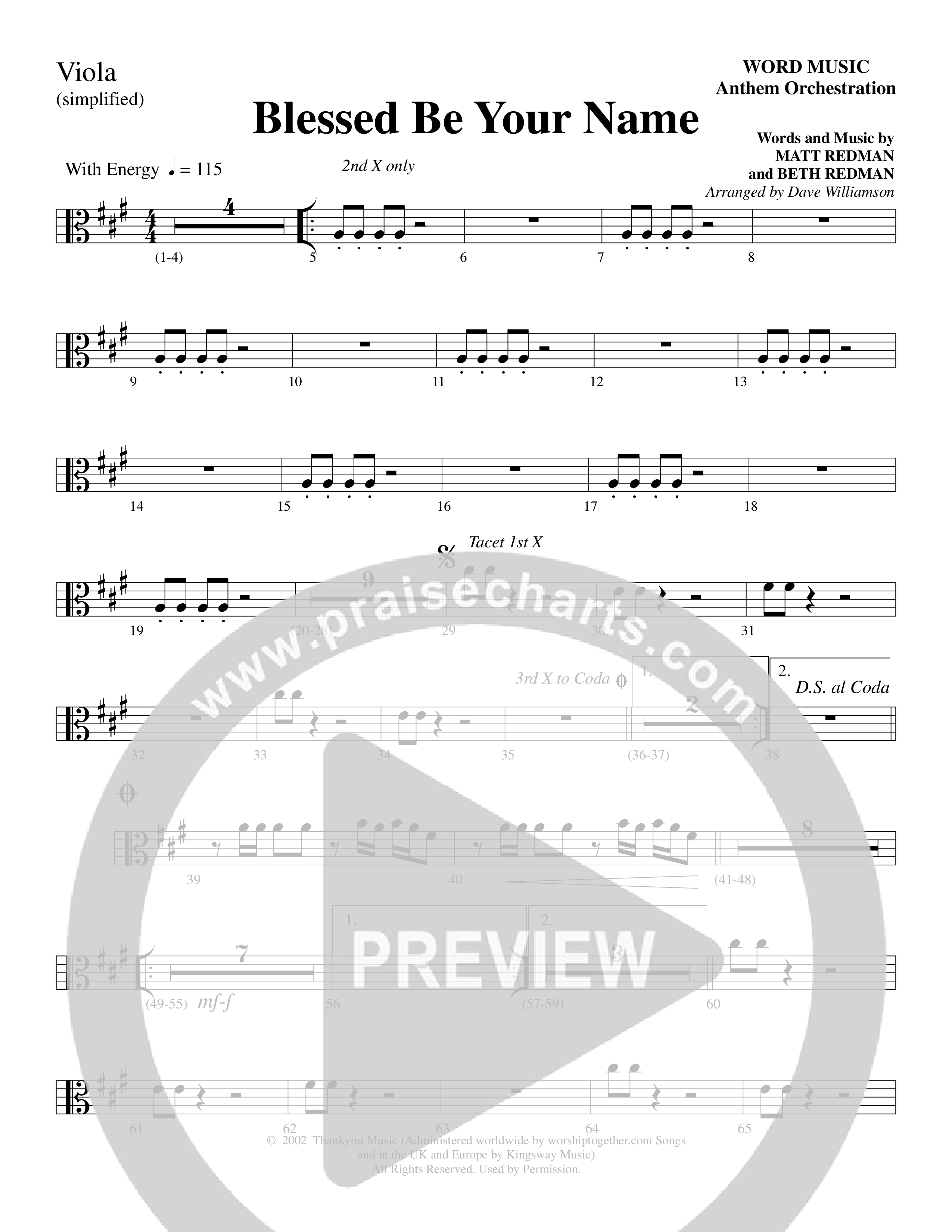 Blessed Be Your Name (Choral Anthem SATB) Viola (Word Music Choral / Arr. Dave Williamson)