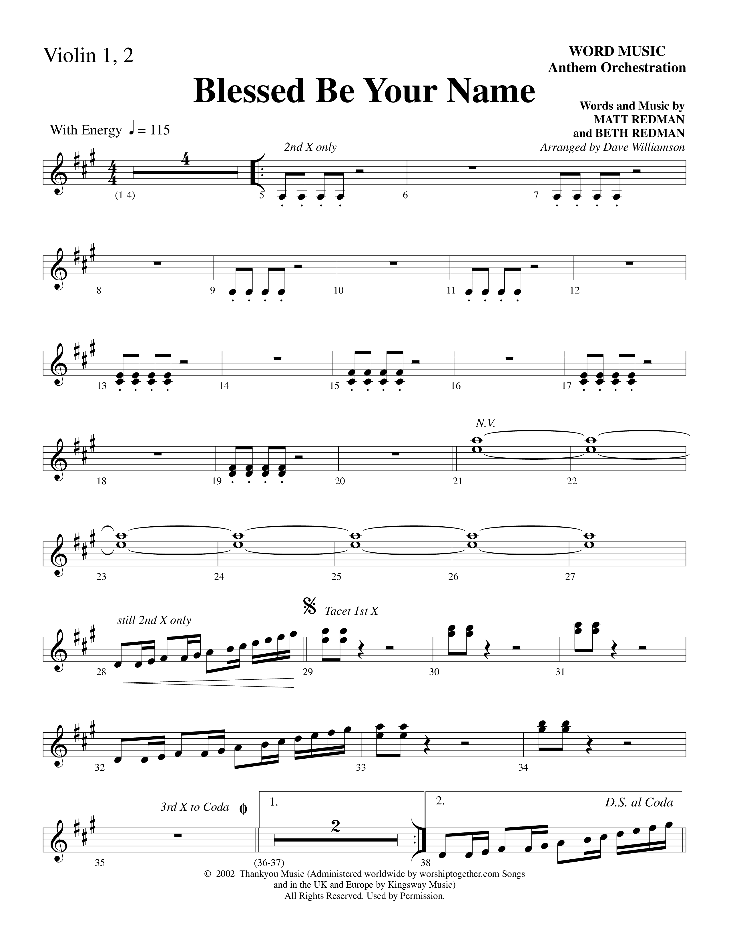 Blessed Be Your Name (Choral Anthem SATB) Violin 1/2 (Word Music Choral / Arr. Dave Williamson)