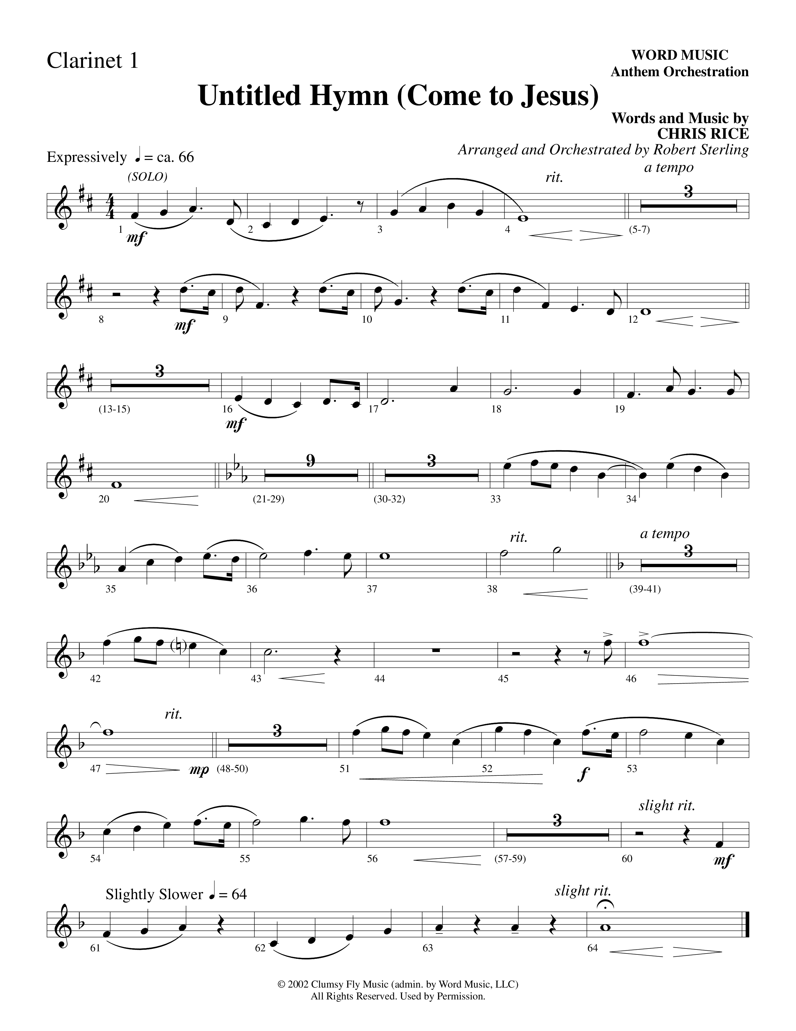 Untitled Hymn (Come To Jesus) (Choral Anthem SATB) Clarinet 1/2 (Word Music Choral / Arr. Robert Sterling)