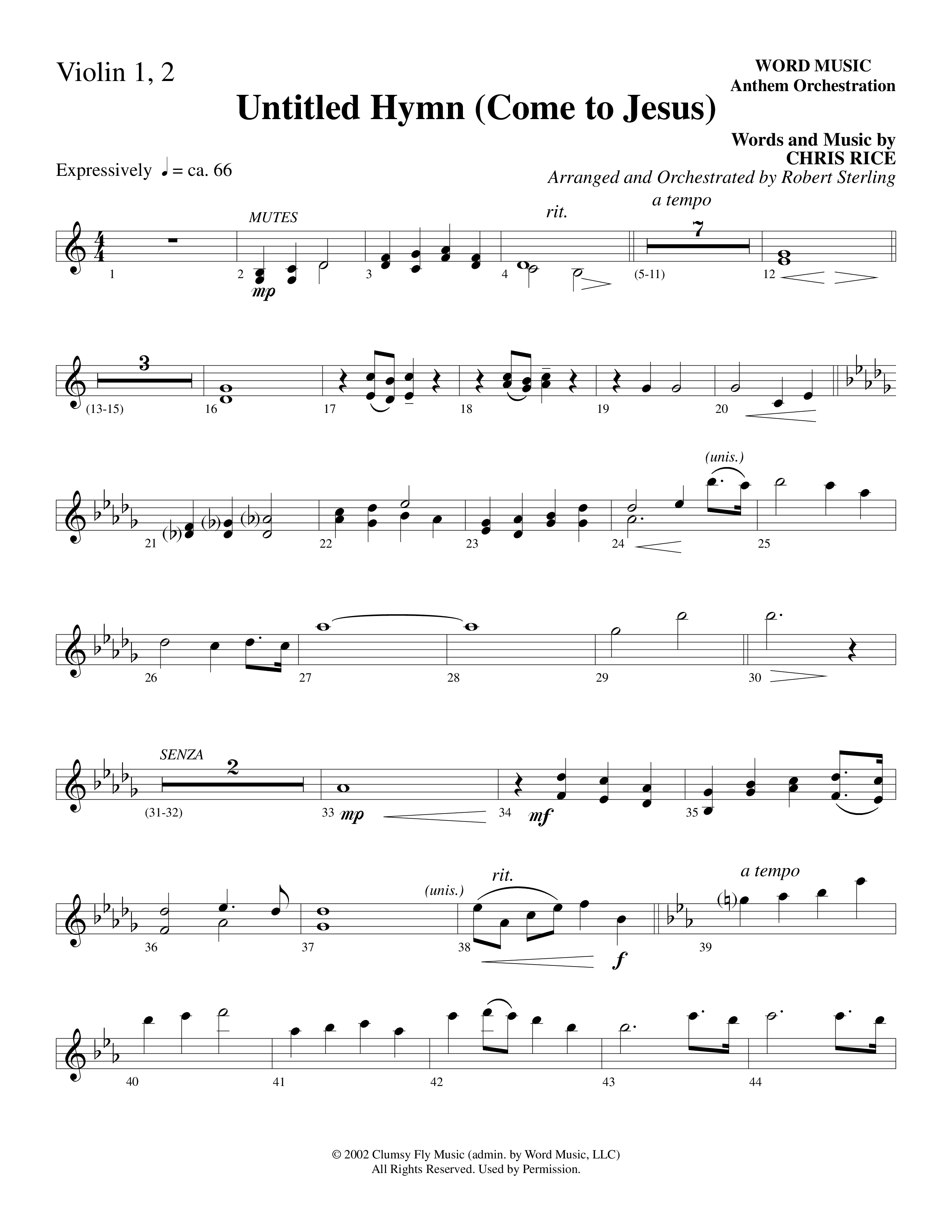 Untitled Hymn (Come To Jesus) (Choral Anthem SATB) Violin 1/2 (Word Music Choral / Arr. Robert Sterling)