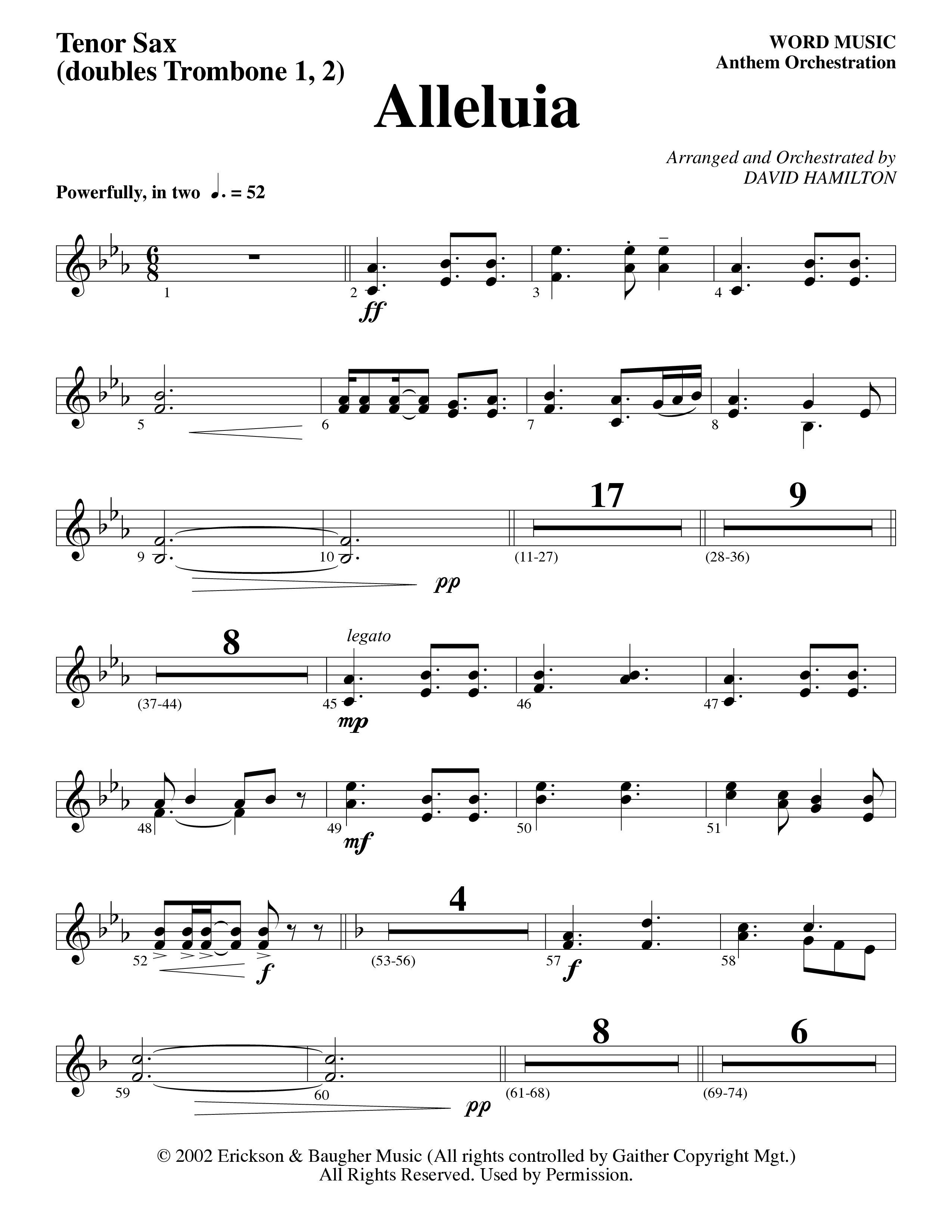 Alleluia (Choral Anthem SATB) Tenor Sax 1 (Word Music Choral / Arr. David Hamilton)
