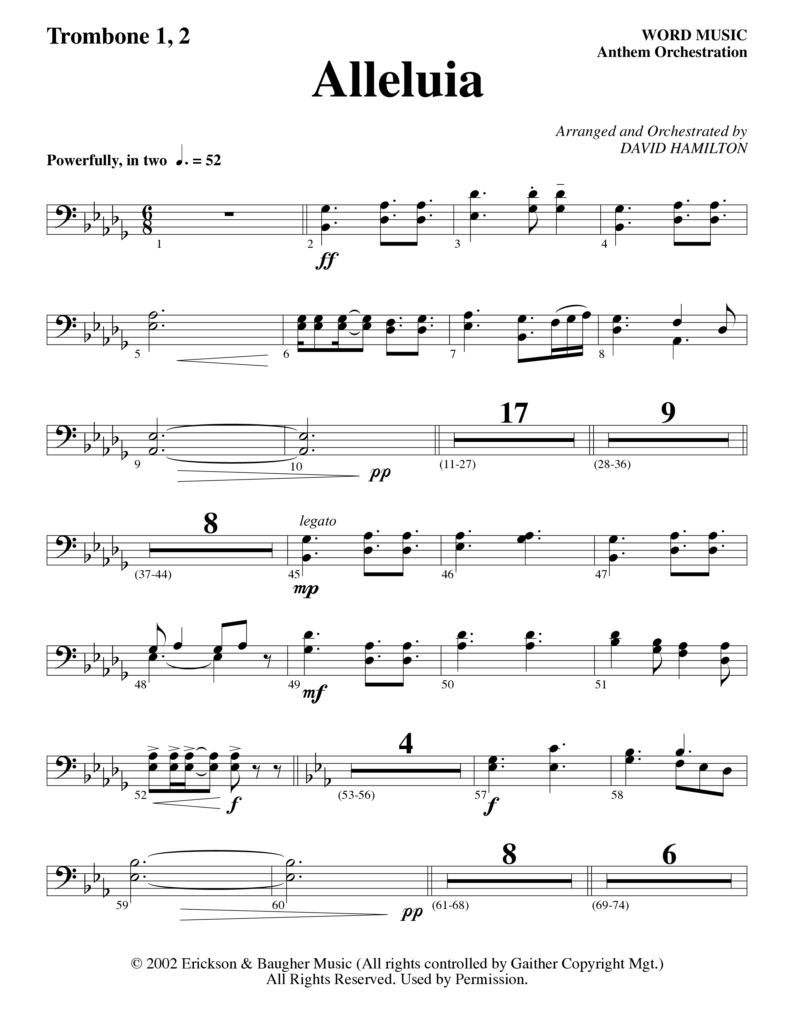 Alleluia (Choral Anthem SATB) Trombone 1/2 (Word Music Choral / Arr. David Hamilton)